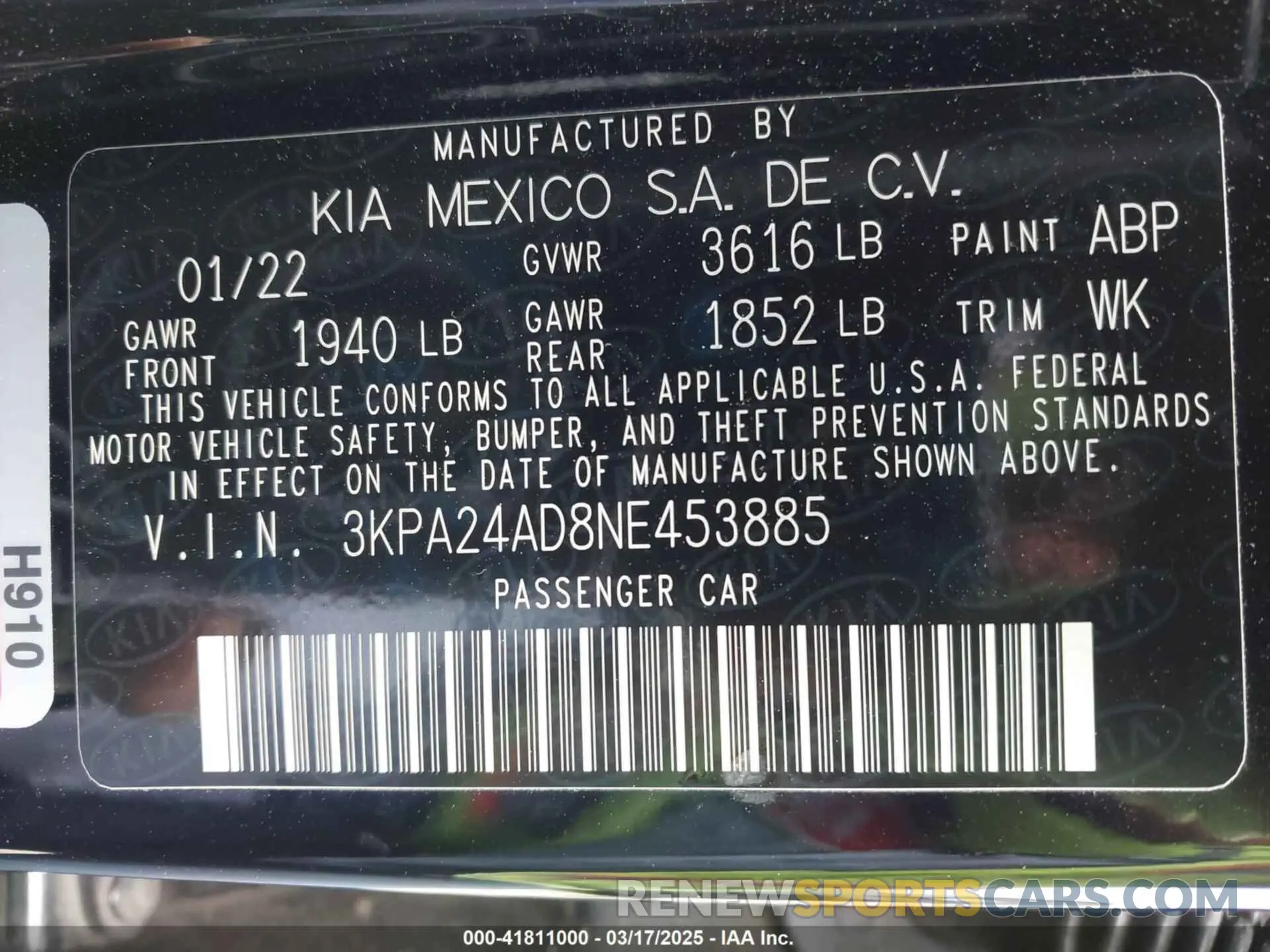 9 fotografías del automóvil dañado 3KPA24AD8NE453885 KIA RIO 2022