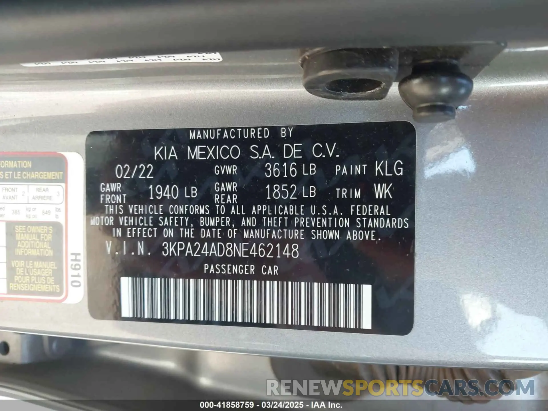 9 fotografías del automóvil dañado 3KPA24AD8NE462148 KIA RIO 2022