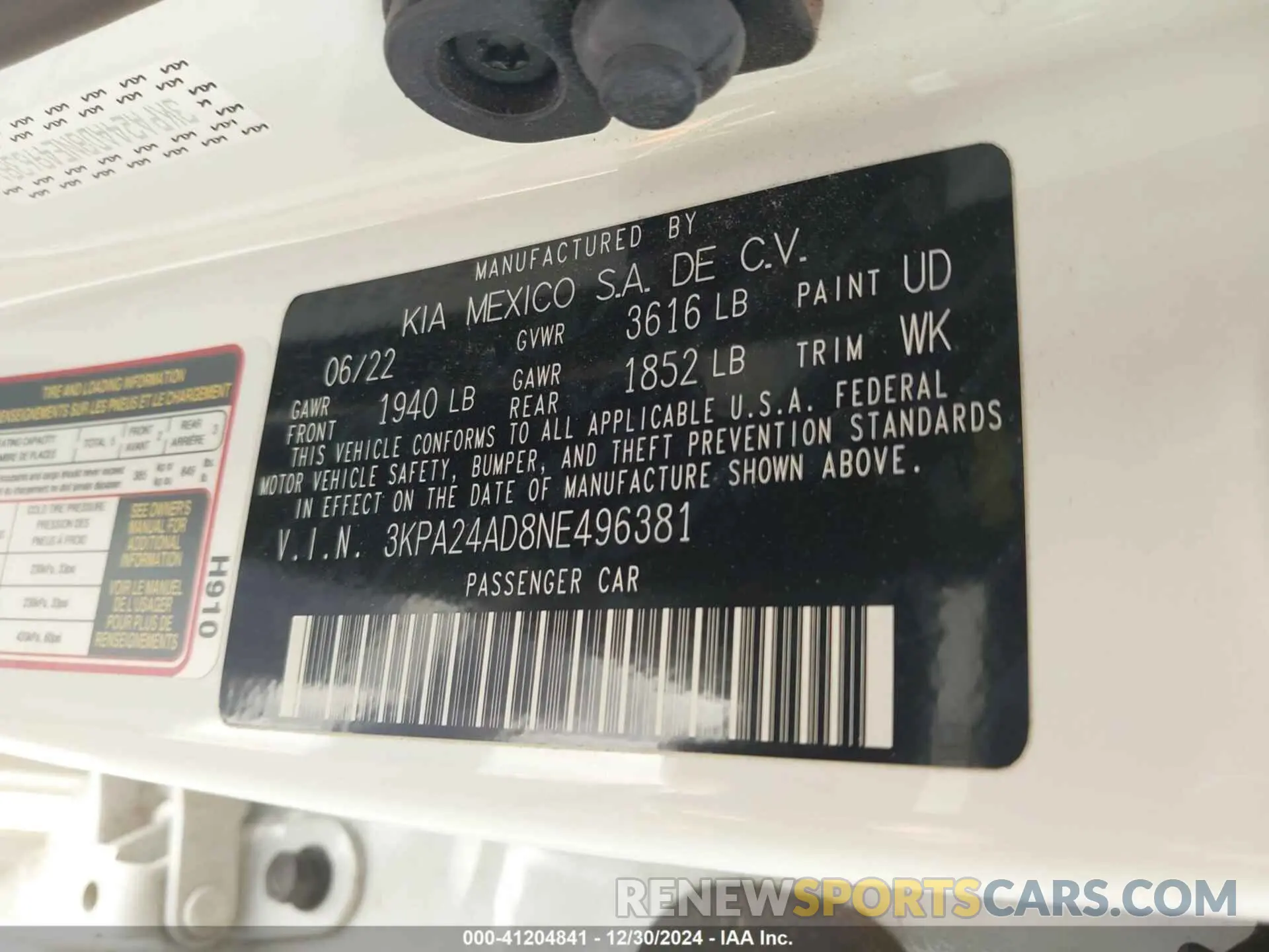 9 fotografías del automóvil dañado 3KPA24AD8NE496381 KIA RIO 2022