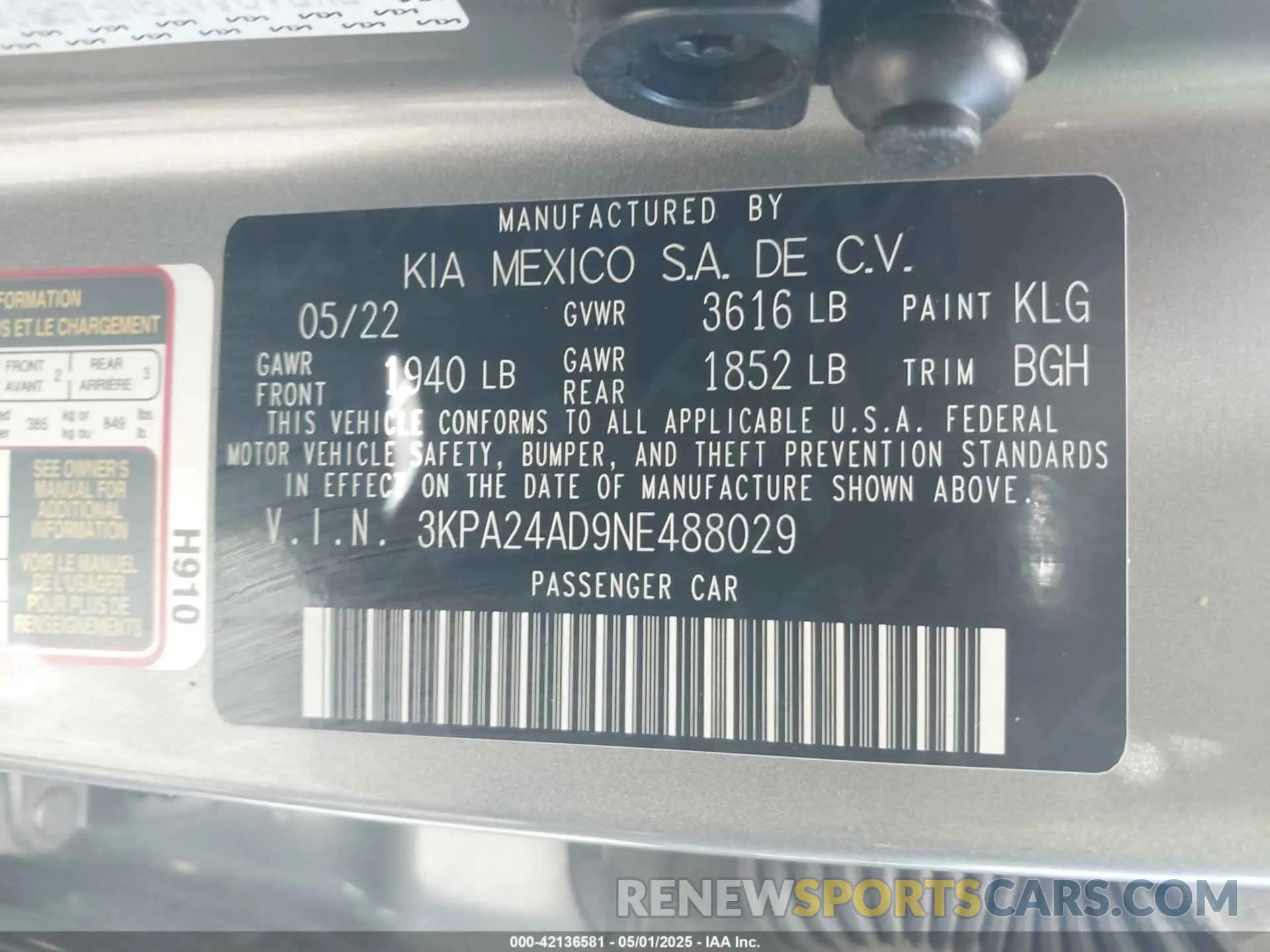 9 fotografías del automóvil dañado 3KPA24AD9NE488029 KIA RIO 2022