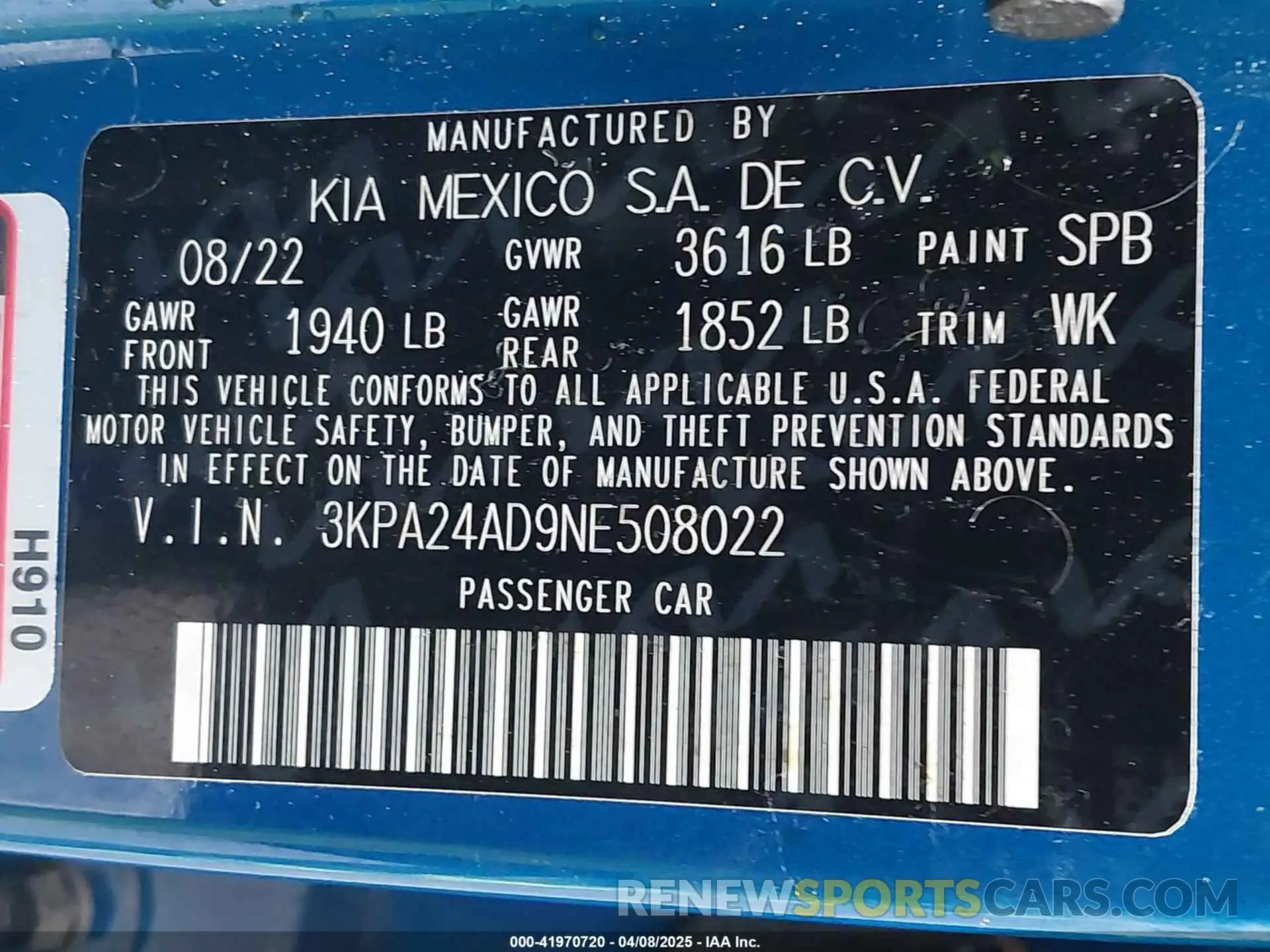 9 fotografías del automóvil dañado 3KPA24AD9NE508022 KIA RIO 2022