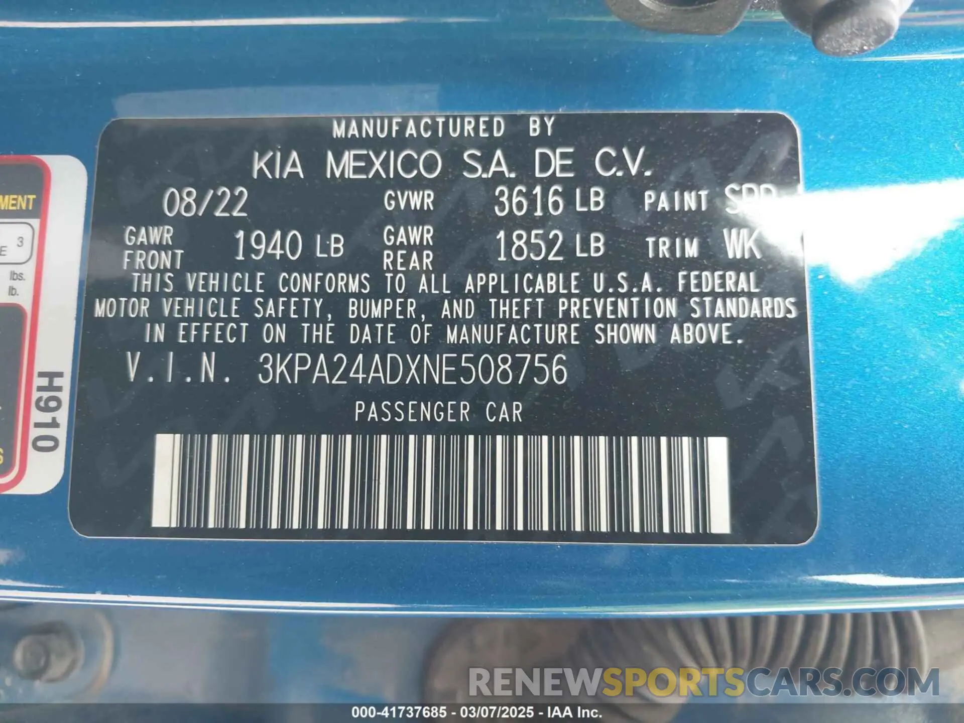 9 fotografías del automóvil dañado 3KPA24ADXNE508756 KIA RIO 2022