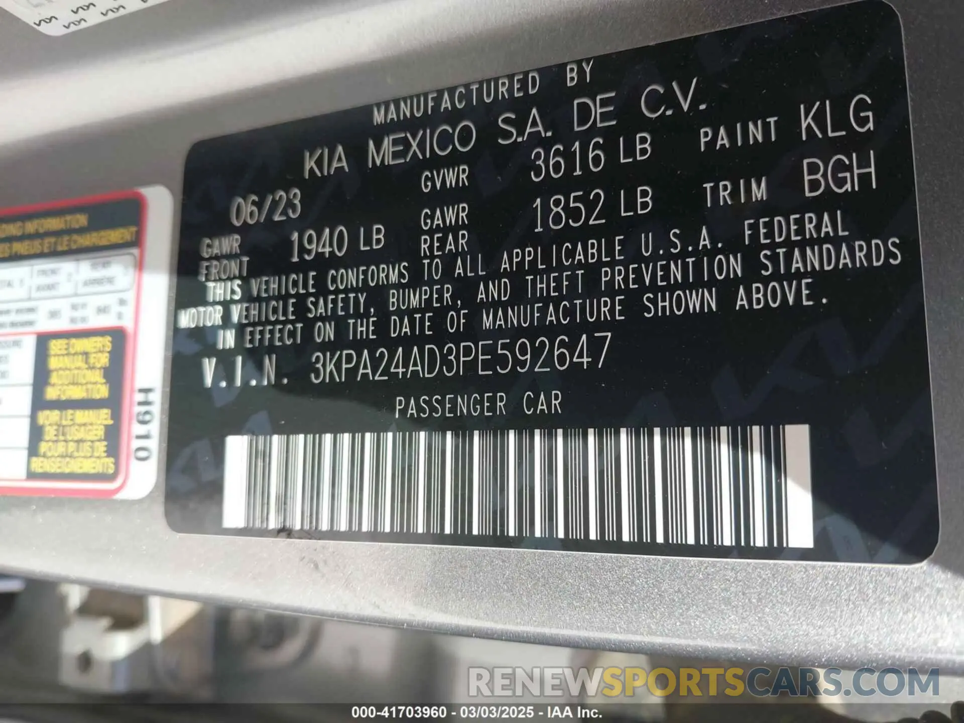9 fotografías del automóvil dañado 3KPA24AD3PE592647 KIA RIO 2023
