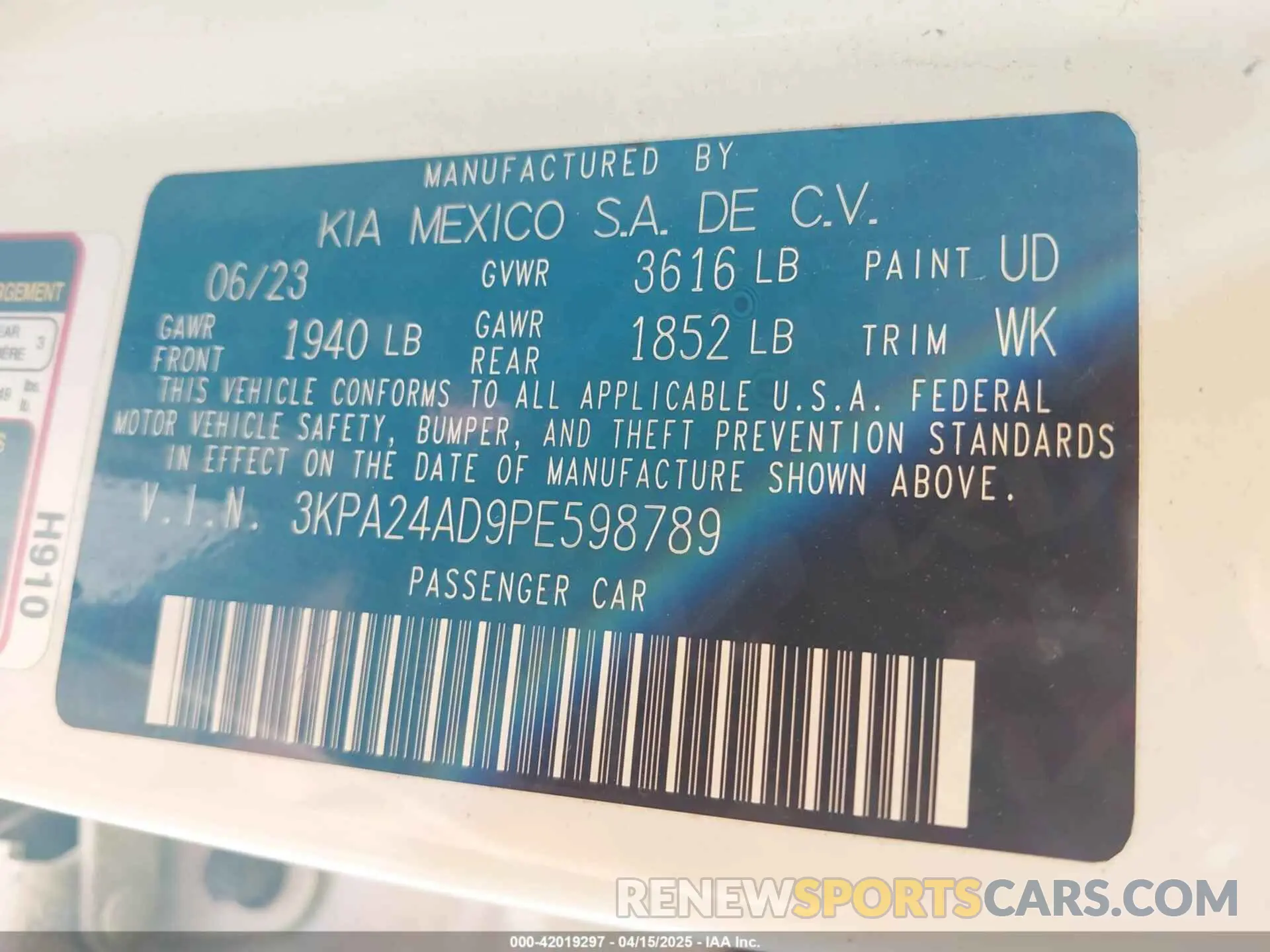 9 fotografías del automóvil dañado 3KPA24AD9PE598789 KIA RIO 2023