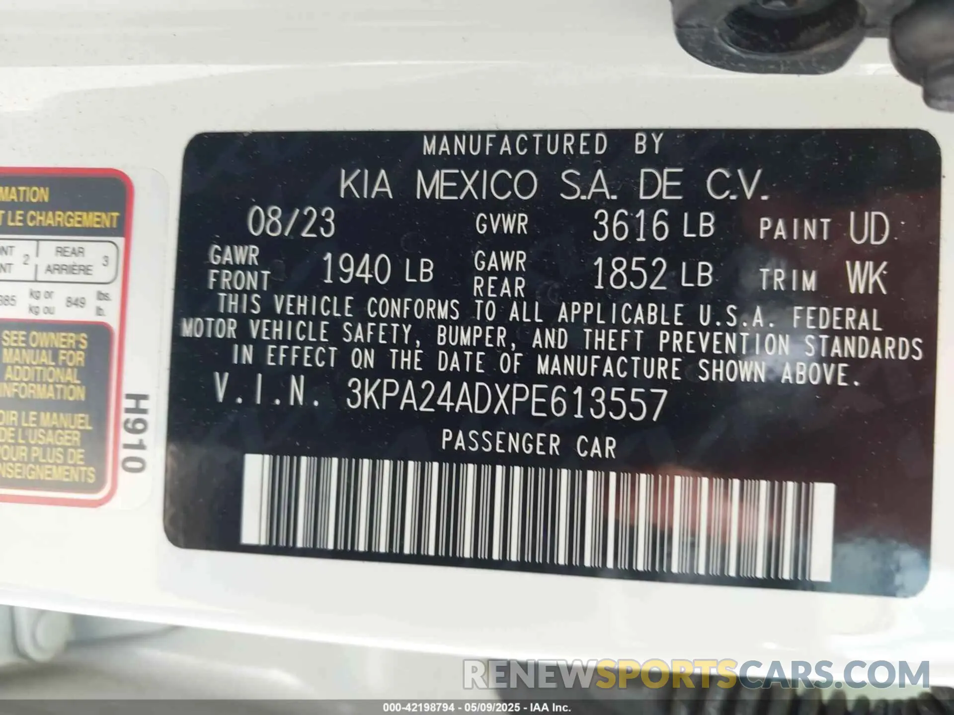 9 fotografías del automóvil dañado 3KPA24ADXPE613557 KIA RIO 2023