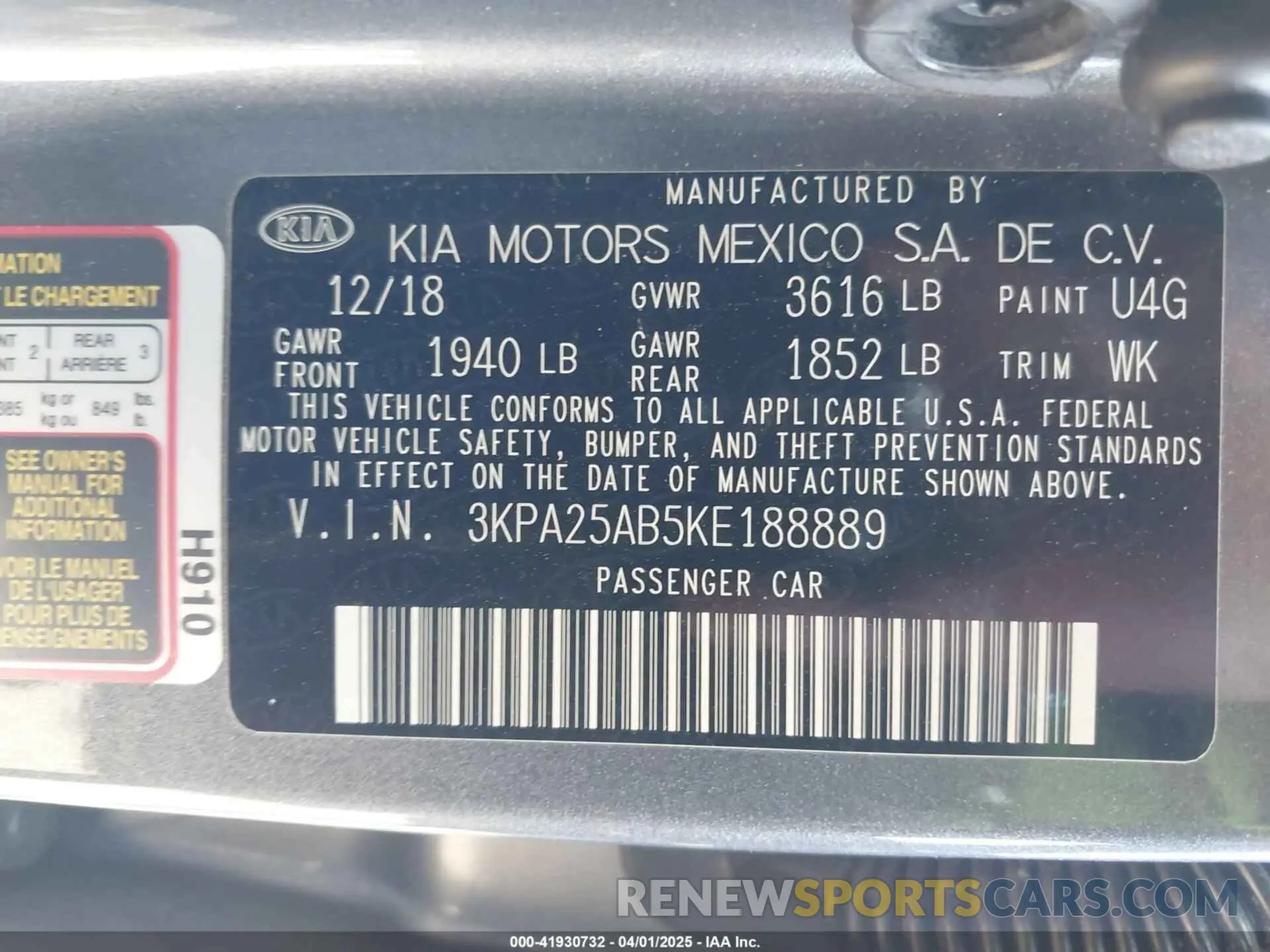 9 fotografías del automóvil dañado 3KPA25AB5KE188889 KIA RIO 5-DOOR 2019