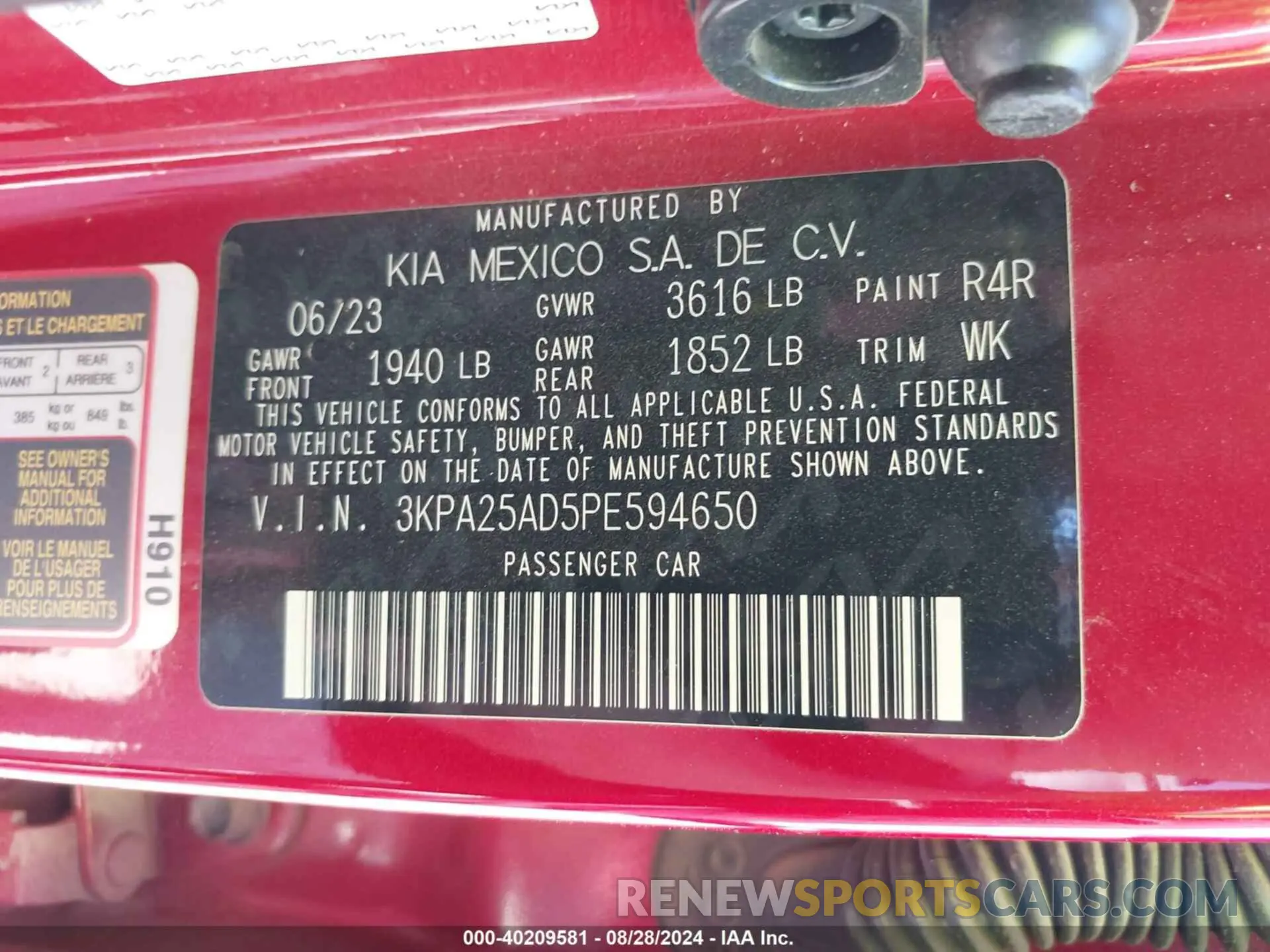 9 fotografías del automóvil dañado 3KPA25AD5PE594650 KIA RIO 5-DOOR 2023