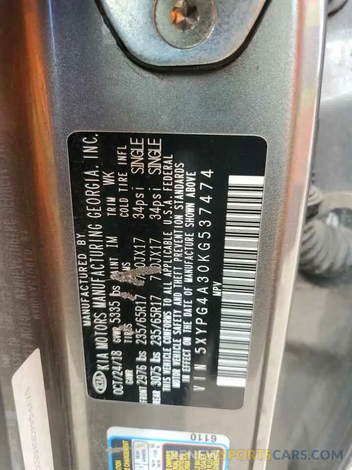 13 fotografías del automóvil dañado 5XYPG4A30KG537474 KIA SORENTO 2019
