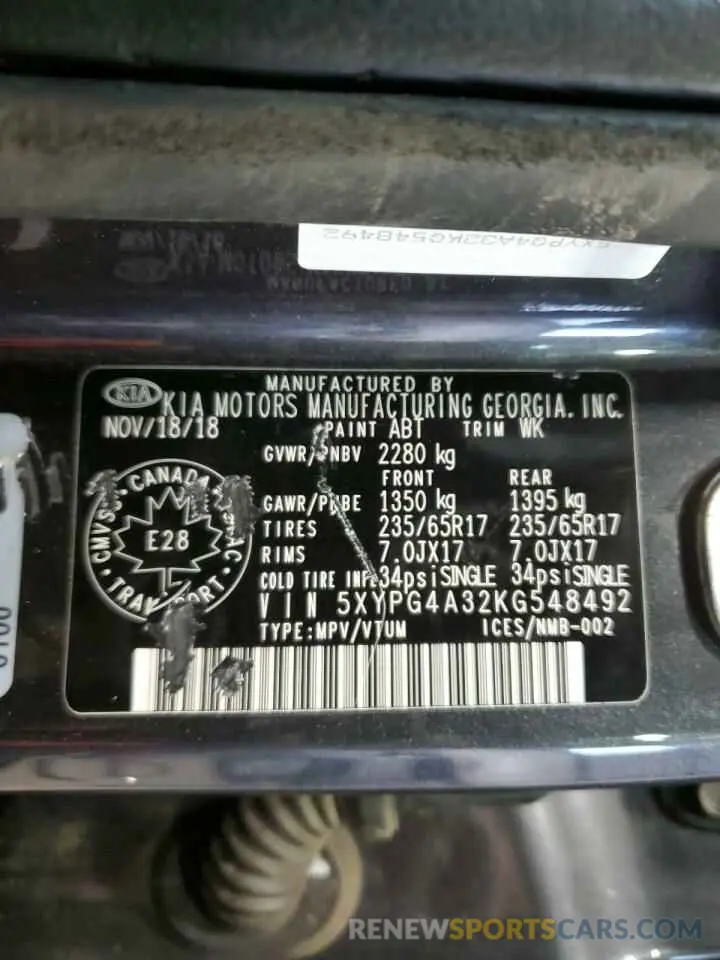 14 fotografías del automóvil dañado 5XYPG4A32KG548492 KIA SORENTO 2019