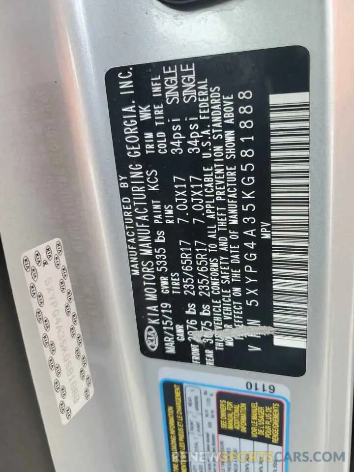 13 fotografías del automóvil dañado 5XYPG4A35KG581888 KIA SORENTO 2019