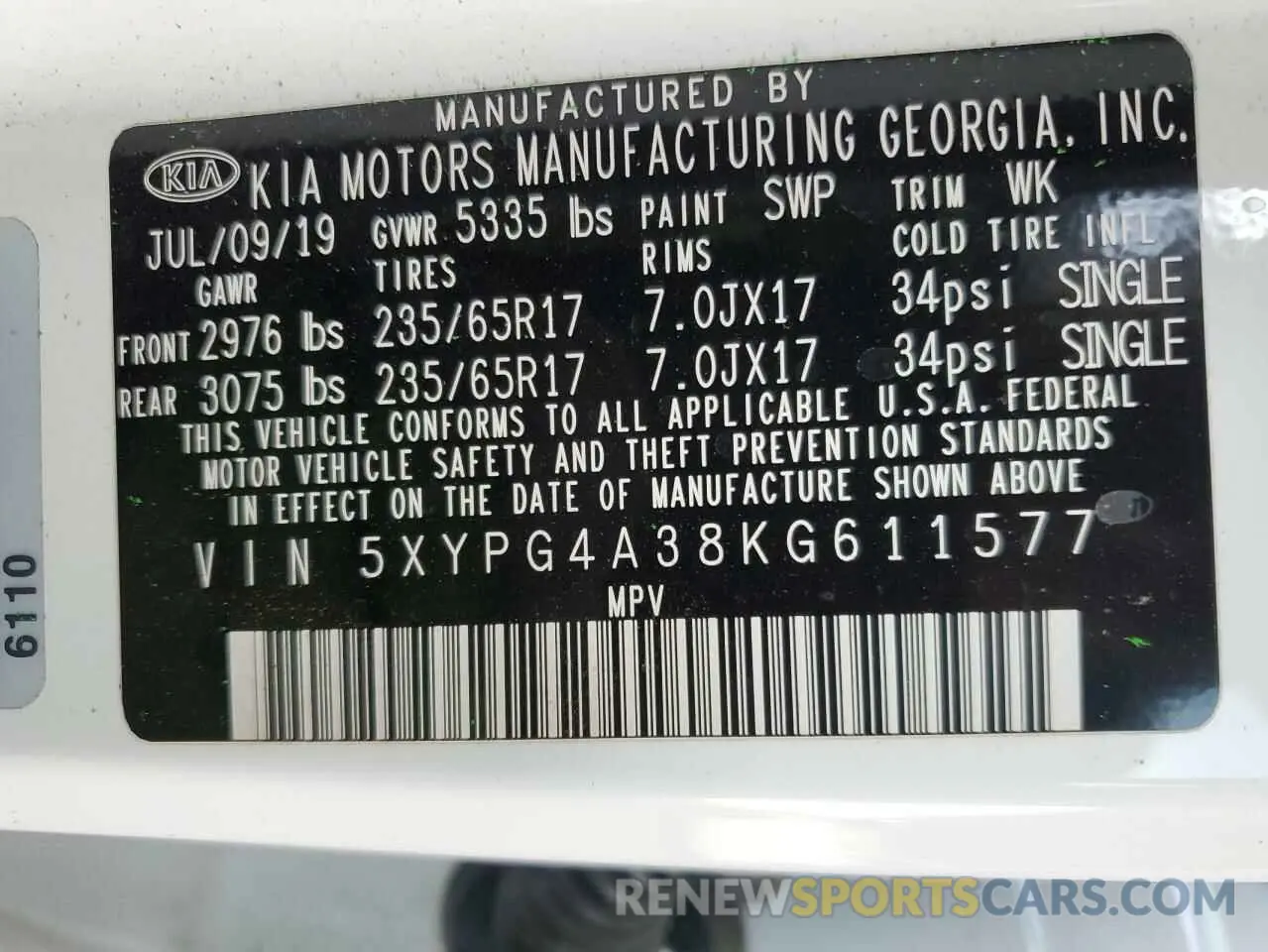 14 fotografías del automóvil dañado 5XYPG4A38KG611577 KIA SORENTO 2019