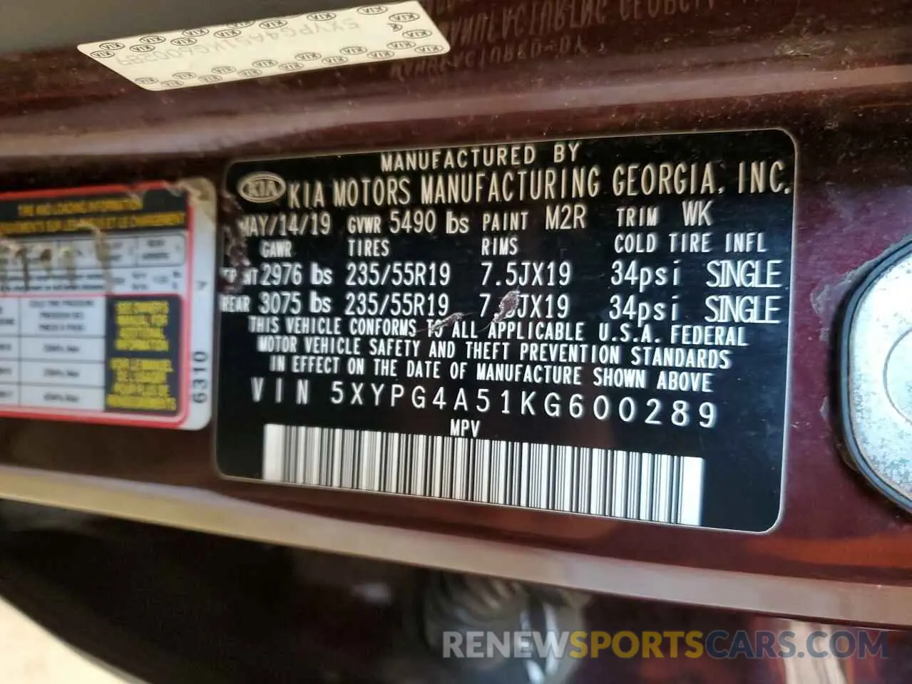 14 fotografías del automóvil dañado 5XYPG4A51KG600289 KIA SORENTO 2019