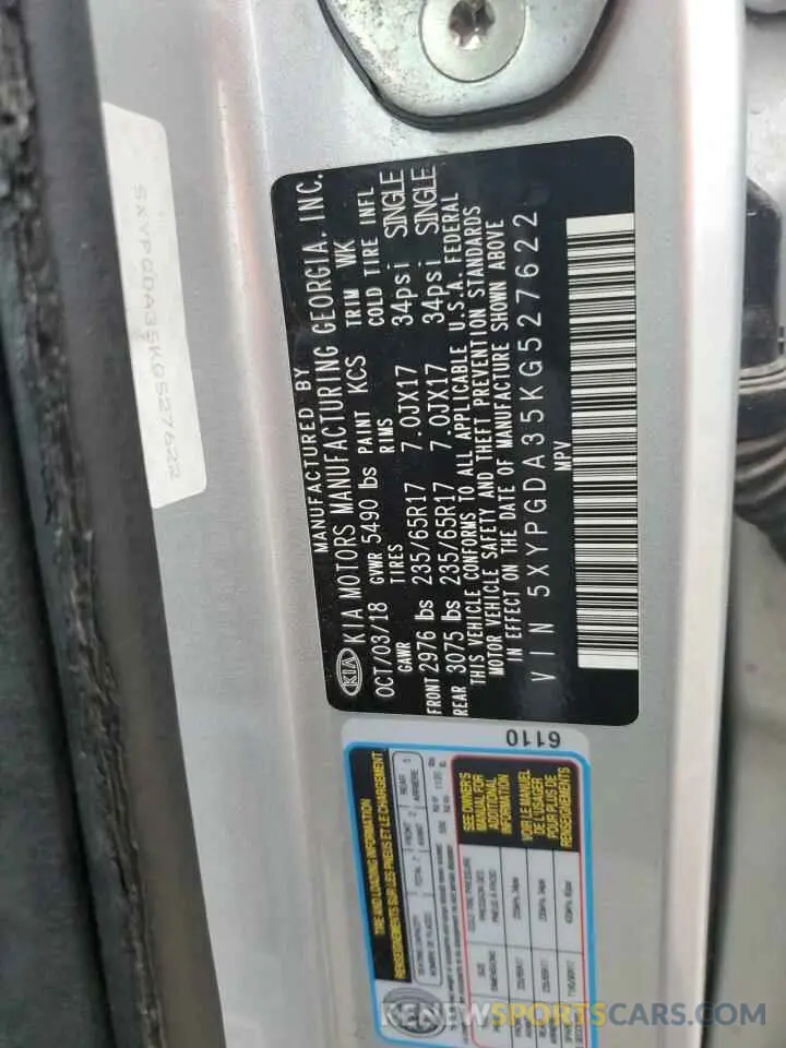 14 fotografías del automóvil dañado 5XYPGDA35KG527622 KIA SORENTO 2019