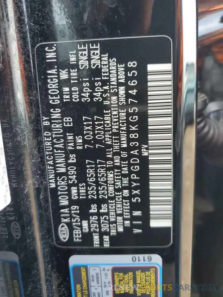 13 fotografías del automóvil dañado 5XYPGDA38KG574658 KIA SORENTO 2019