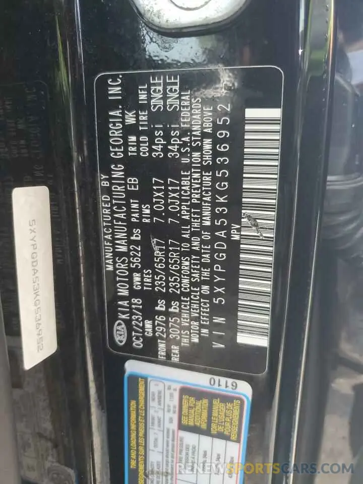 14 fotografías del automóvil dañado 5XYPGDA53KG536952 KIA SORENTO 2019