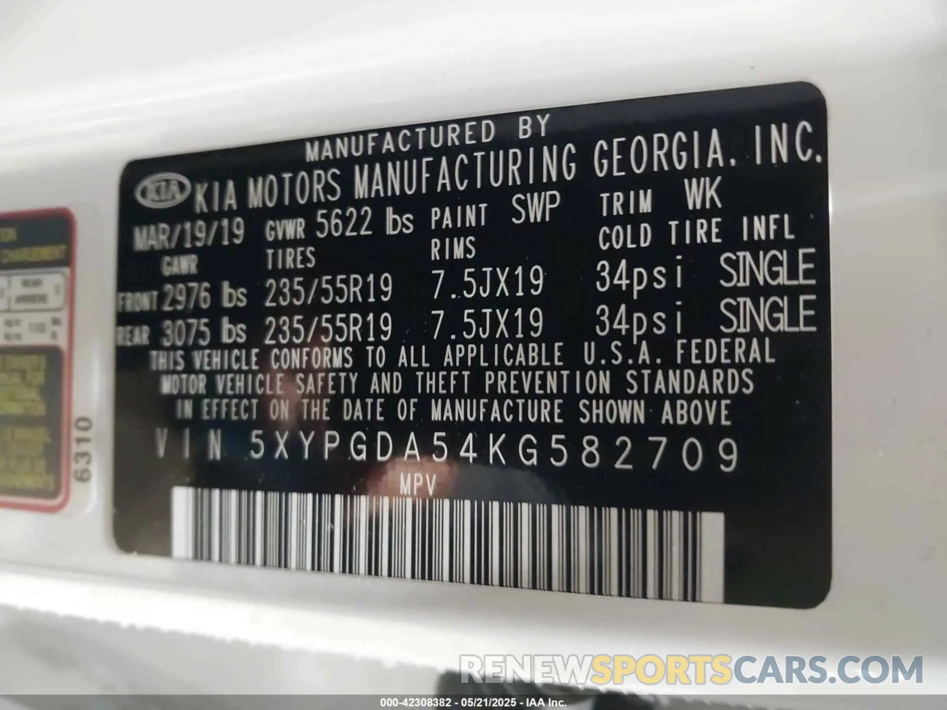 9 fotografías del automóvil dañado 5XYPGDA54KG582709 KIA SORENTO 2019