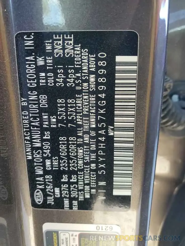 14 fotografías del automóvil dañado 5XYPH4A57KG498980 KIA SORENTO 2019