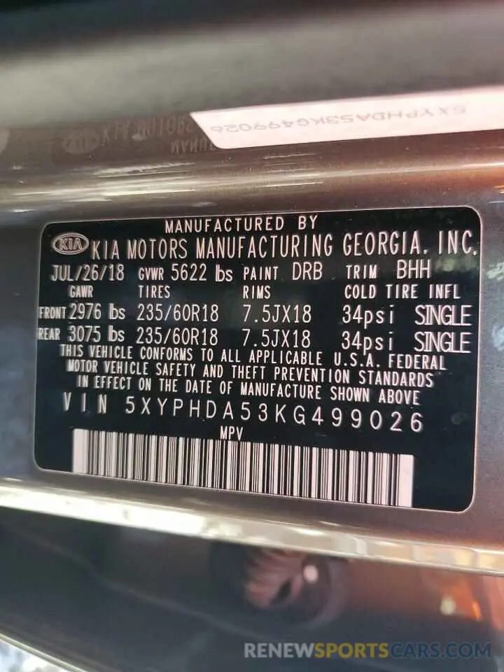 14 fotografías del automóvil dañado 5XYPHDA53KG499026 KIA SORENTO 2019