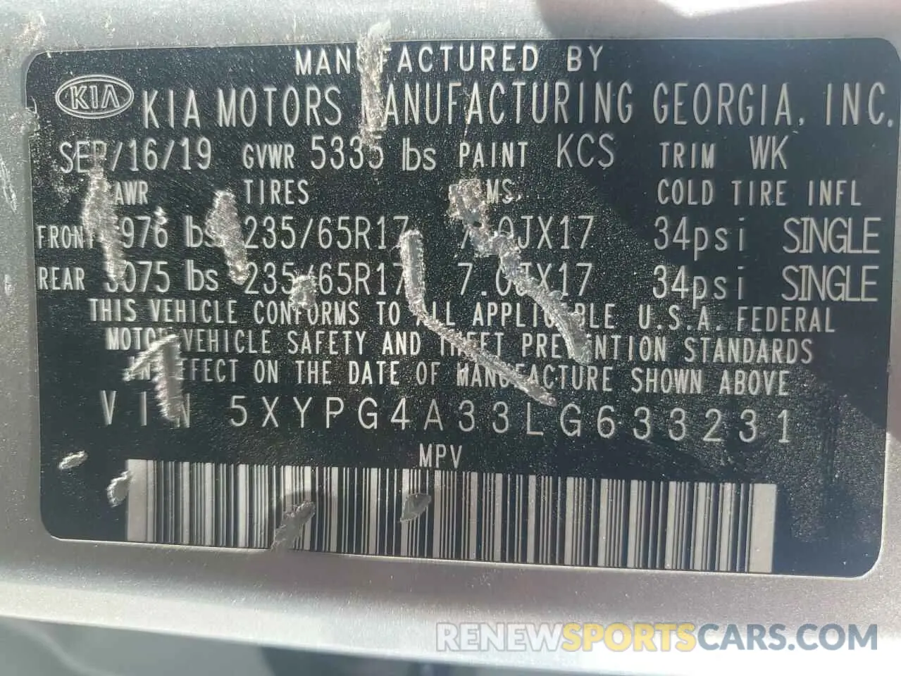 14 fotografías del automóvil dañado 5XYPG4A33LG633231 KIA SORENTO 2020