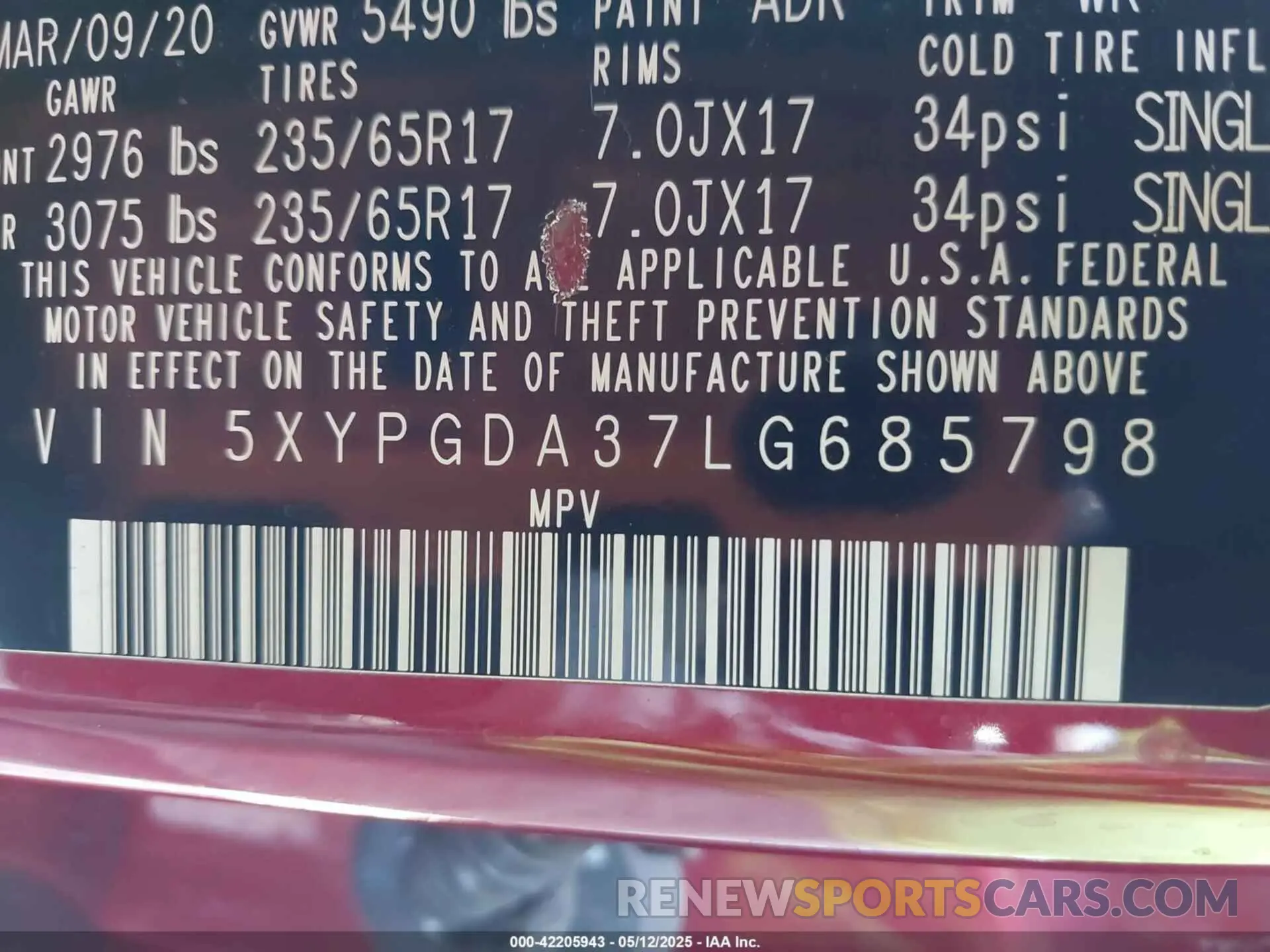 9 fotografías del automóvil dañado 5XYPGDA37LG685798 KIA SORENTO 2020