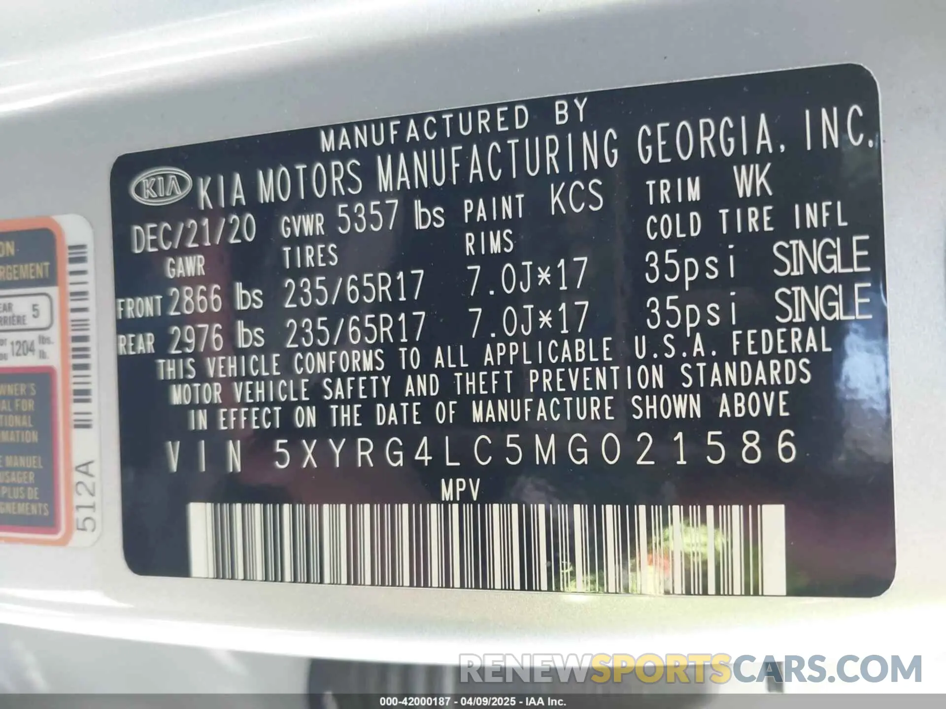 9 fotografías del automóvil dañado 5XYRG4LC5MG021586 KIA SORENTO 2021