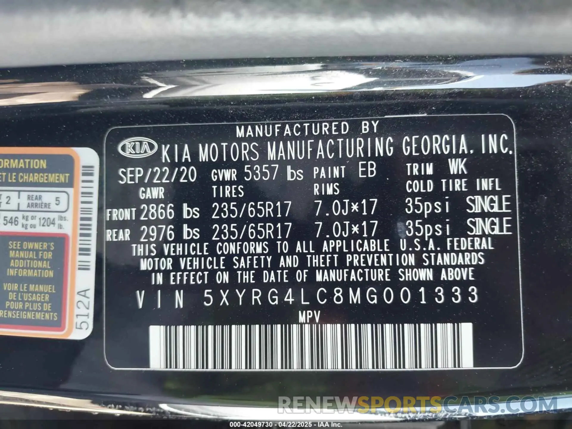 9 fotografías del automóvil dañado 5XYRG4LC8MG001333 KIA SORENTO 2021