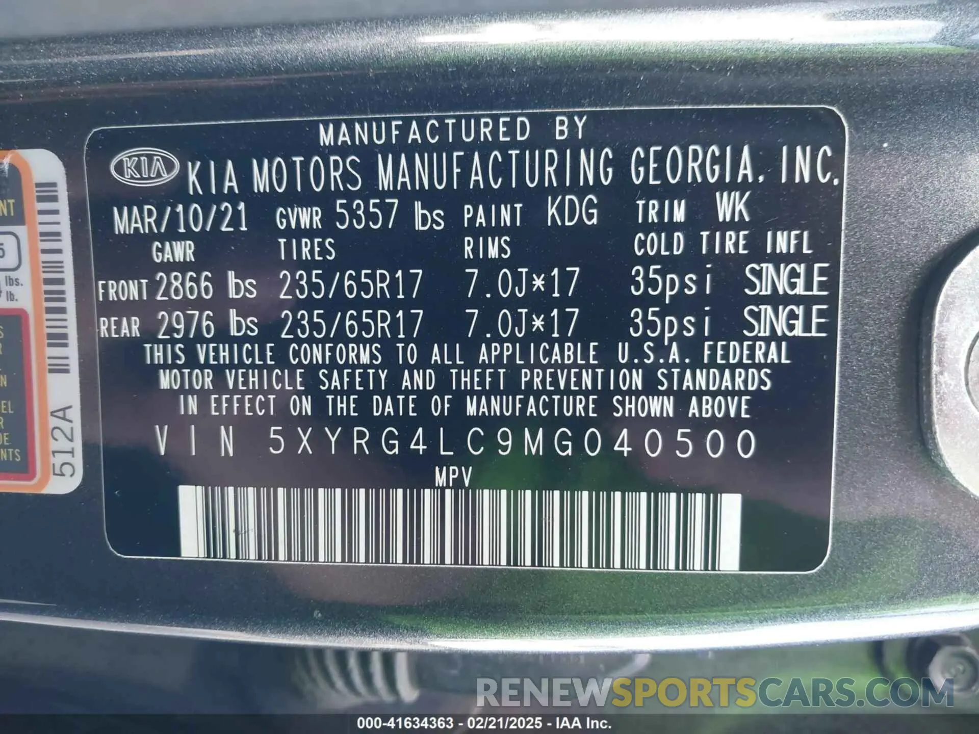 9 fotografías del automóvil dañado 5XYRG4LC9MG040500 KIA SORENTO 2021