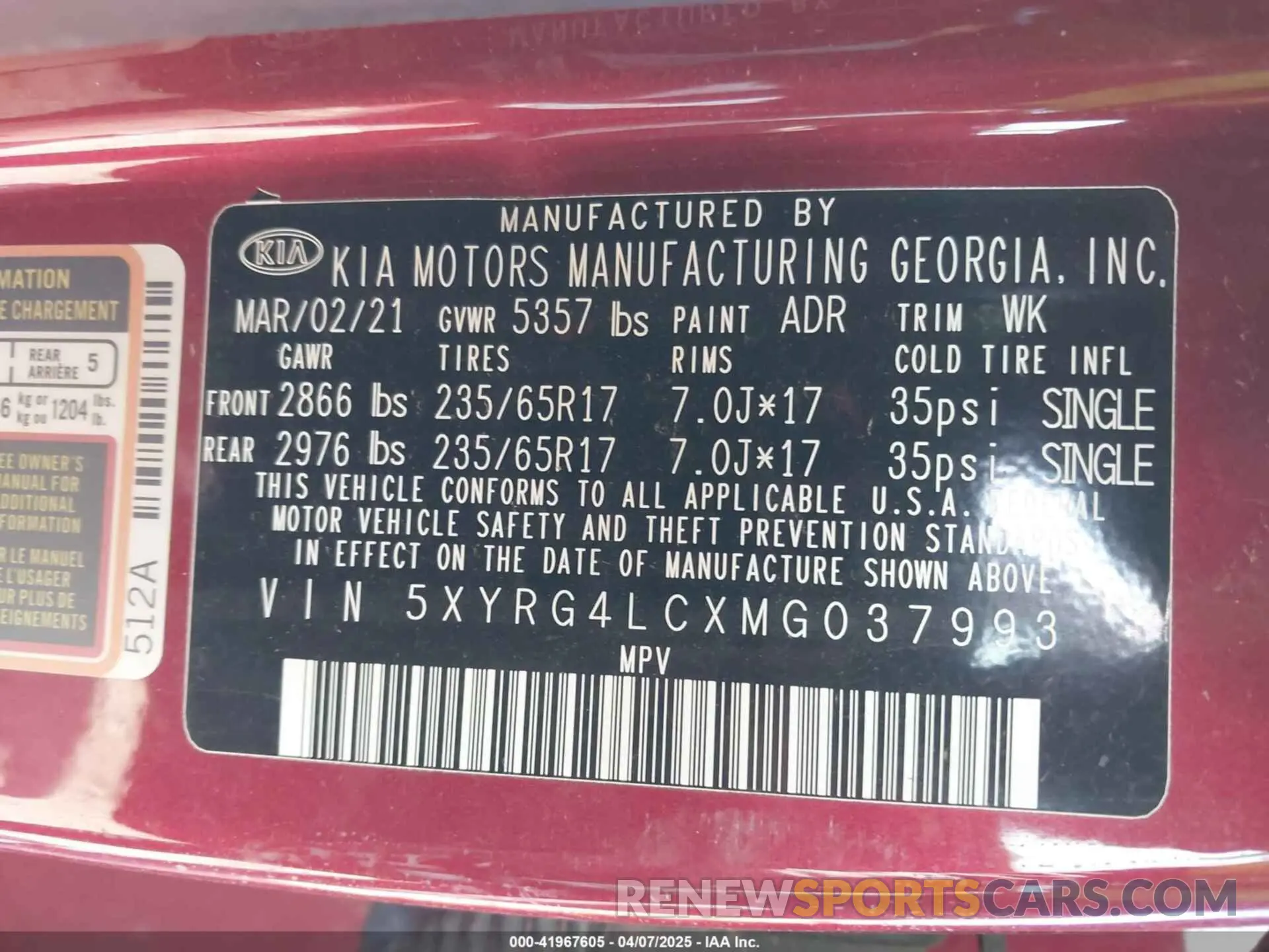 9 fotografías del automóvil dañado 5XYRG4LCXMG037993 KIA SORENTO 2021