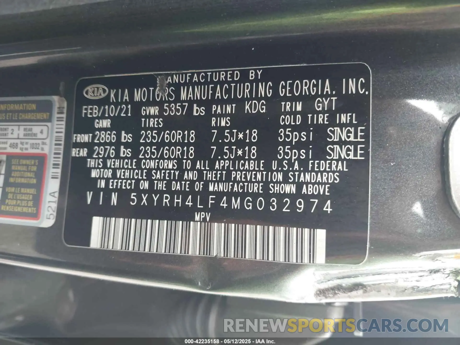 9 fotografías del automóvil dañado 5XYRH4LF4MG032974 KIA SORENTO 2021