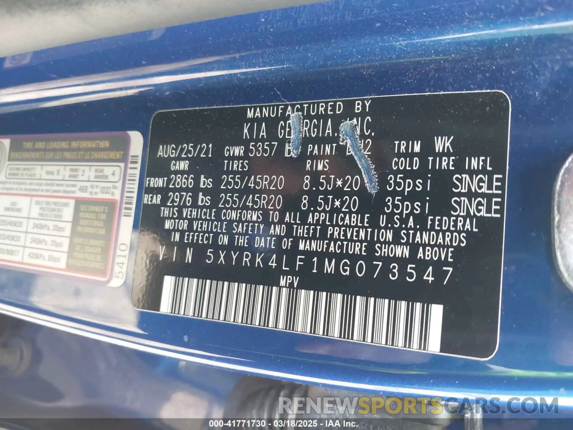 9 fotografías del automóvil dañado 5XYRK4LF1MG073547 KIA SORENTO 2021