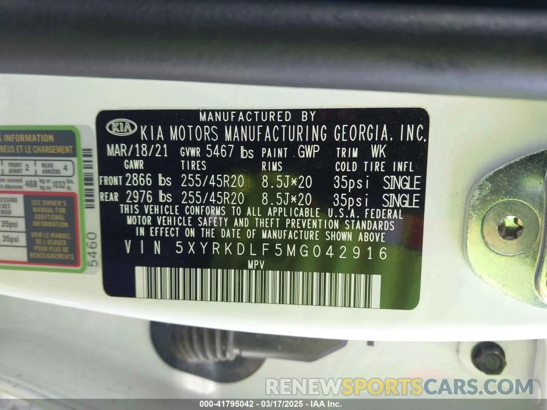 9 fotografías del automóvil dañado 5XYRKDLF5MG042916 KIA SORENTO 2021