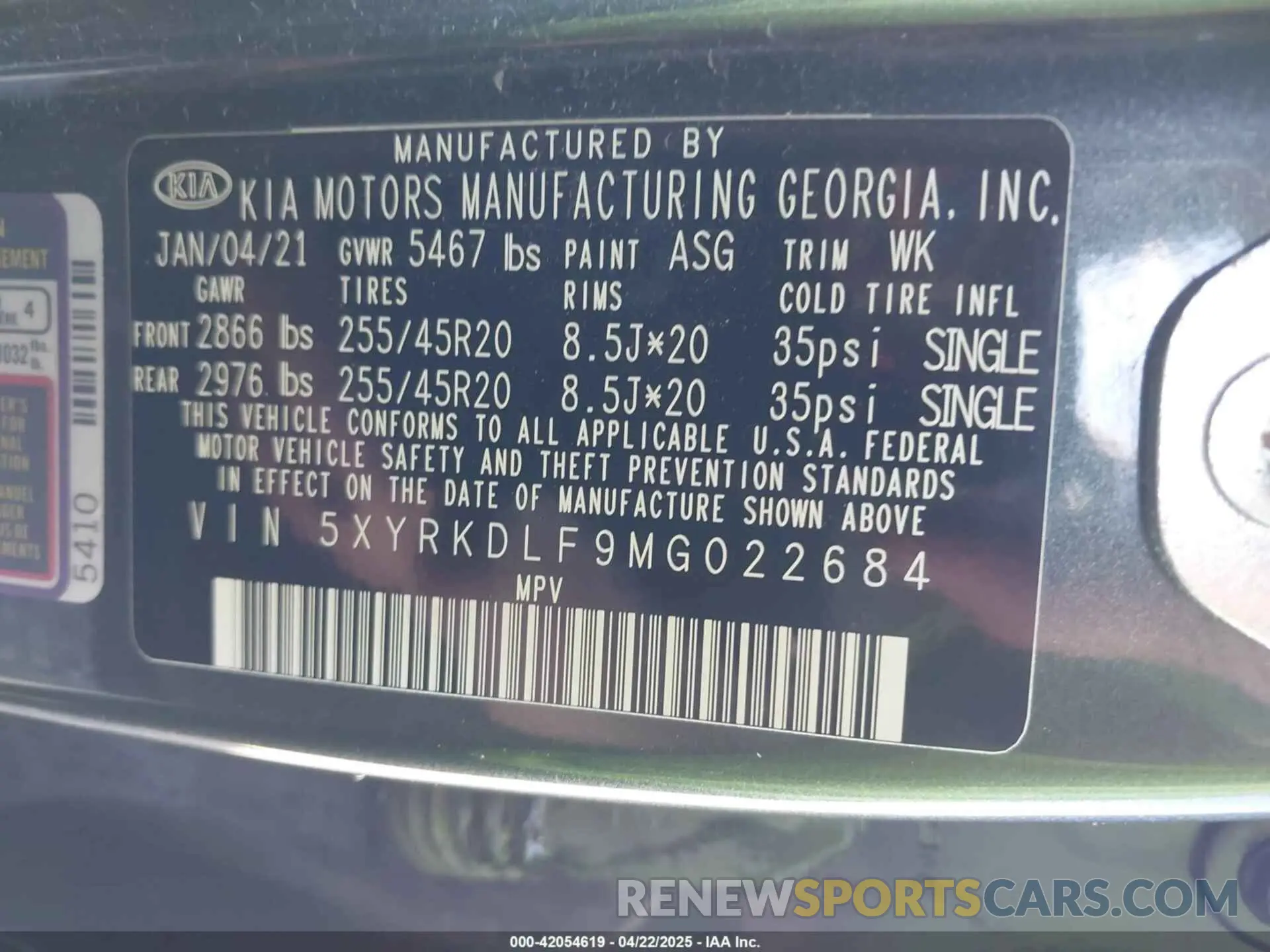 9 fotografías del automóvil dañado 5XYRKDLF9MG022684 KIA SORENTO 2021