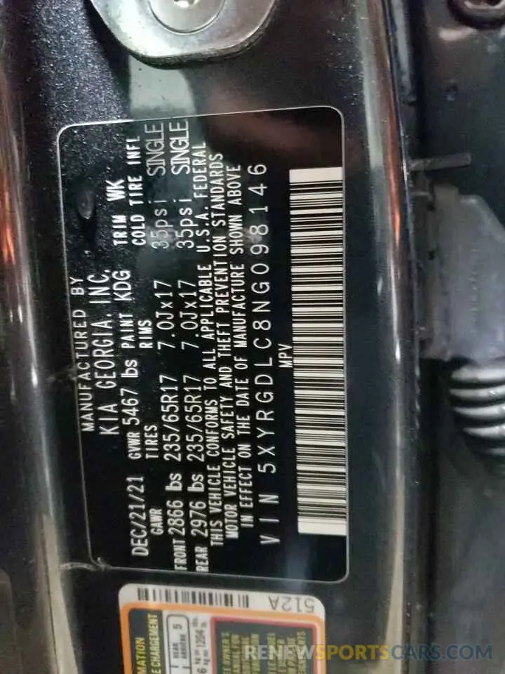 12 fotografías del automóvil dañado 5XYRGDLC8NG098146 KIA SORENTO 2022