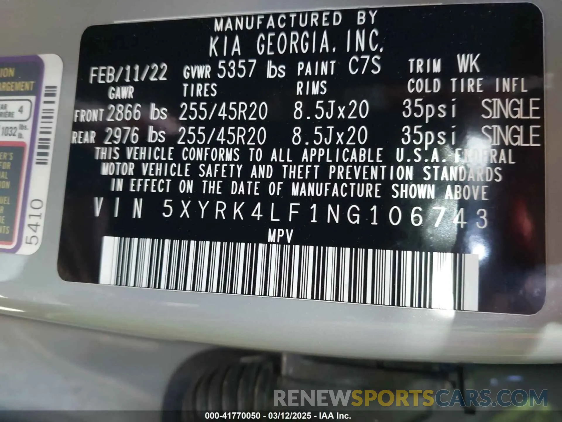 9 fotografías del automóvil dañado 5XYRK4LF1NG106743 KIA SORENTO 2022