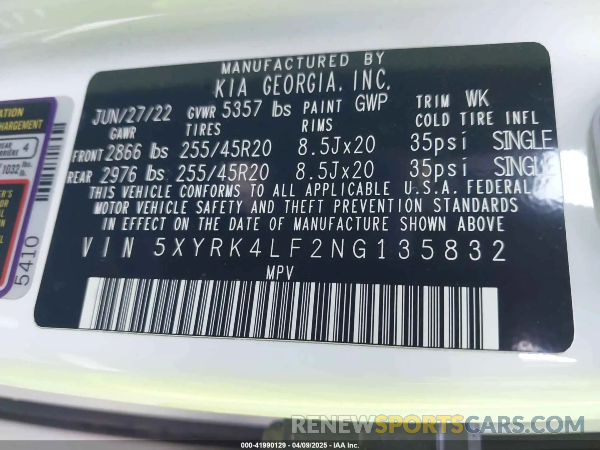 9 fotografías del automóvil dañado 5XYRK4LF2NG135832 KIA SORENTO 2022