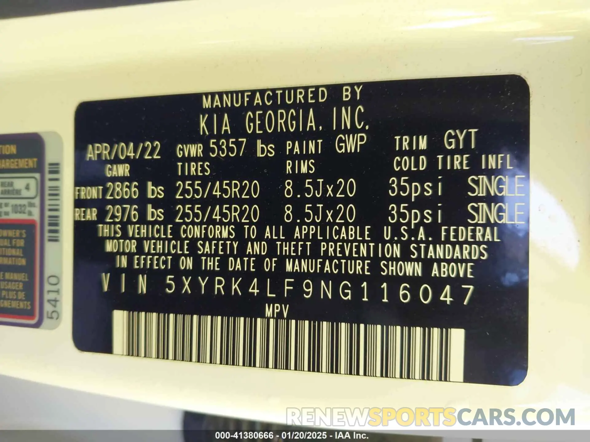 9 fotografías del automóvil dañado 5XYRK4LF9NG116047 KIA SORENTO 2022