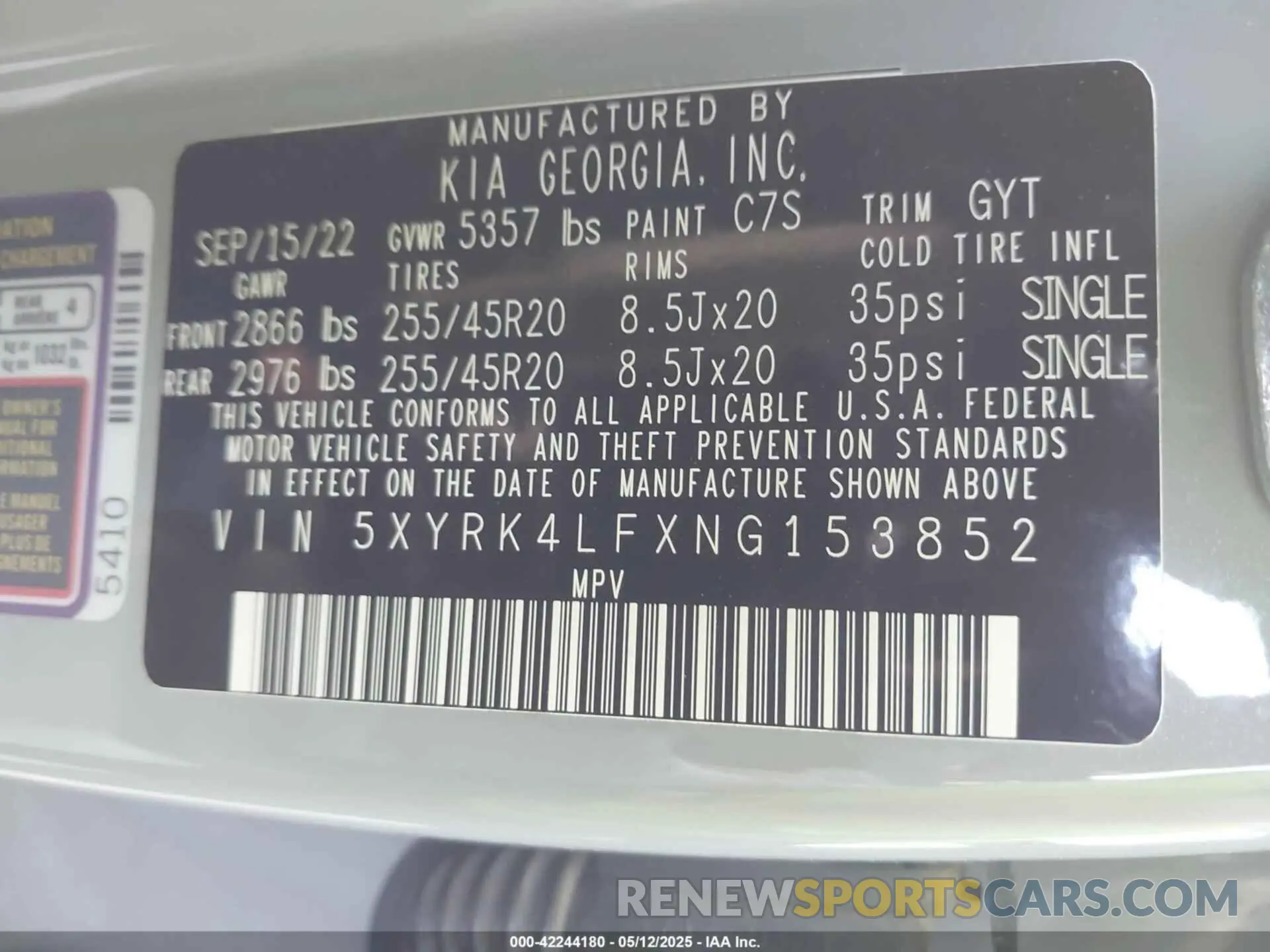 9 fotografías del automóvil dañado 5XYRK4LFXNG153852 KIA SORENTO 2022