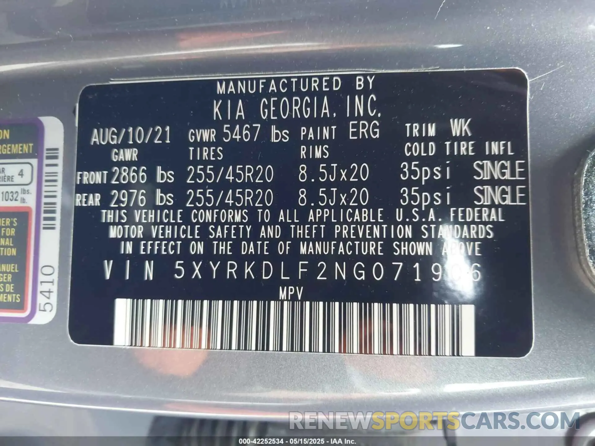 9 fotografías del automóvil dañado 5XYRKDLF2NG071906 KIA SORENTO 2022