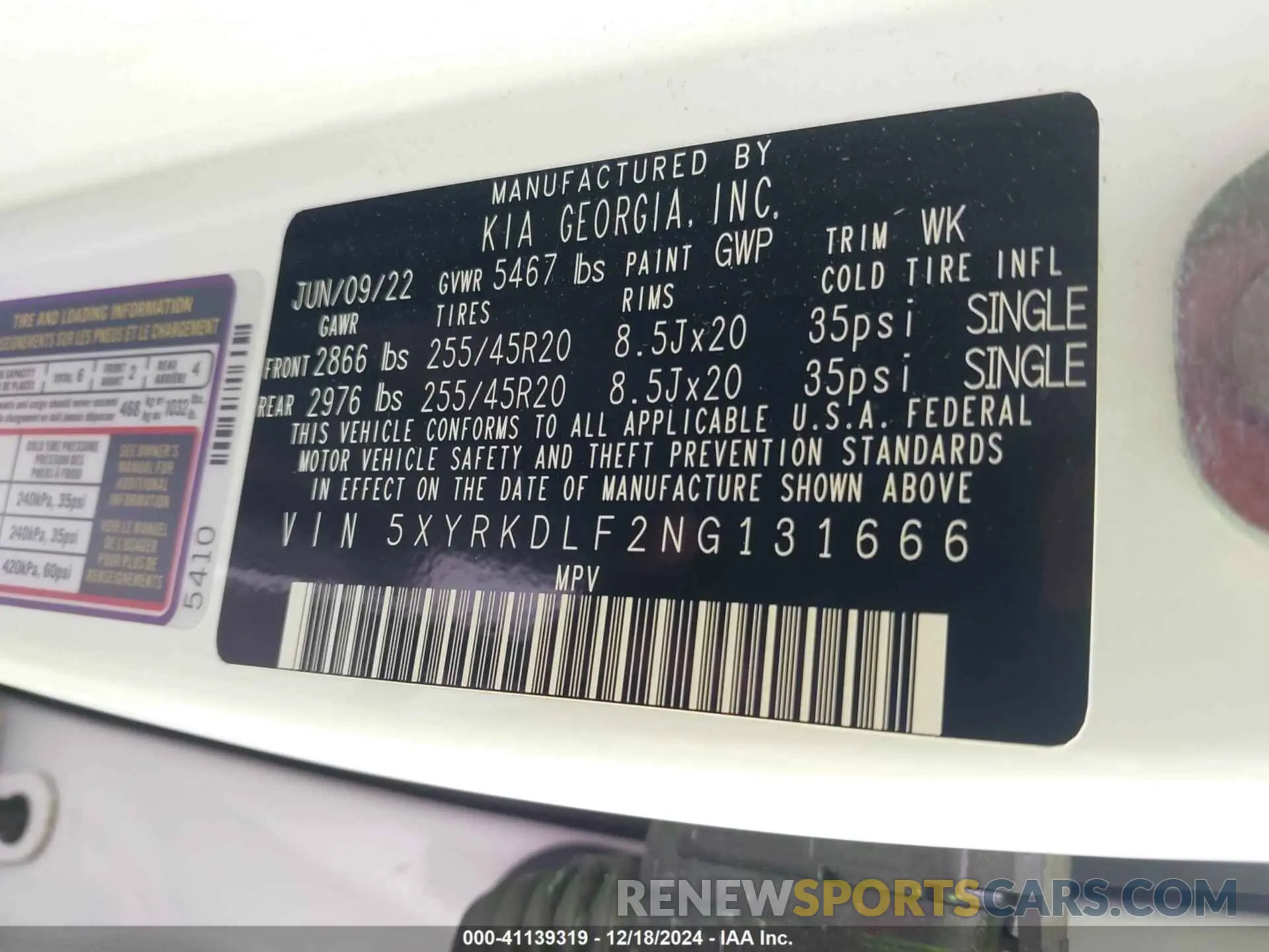 9 fotografías del automóvil dañado 5XYRKDLF2NG131666 KIA SORENTO 2022