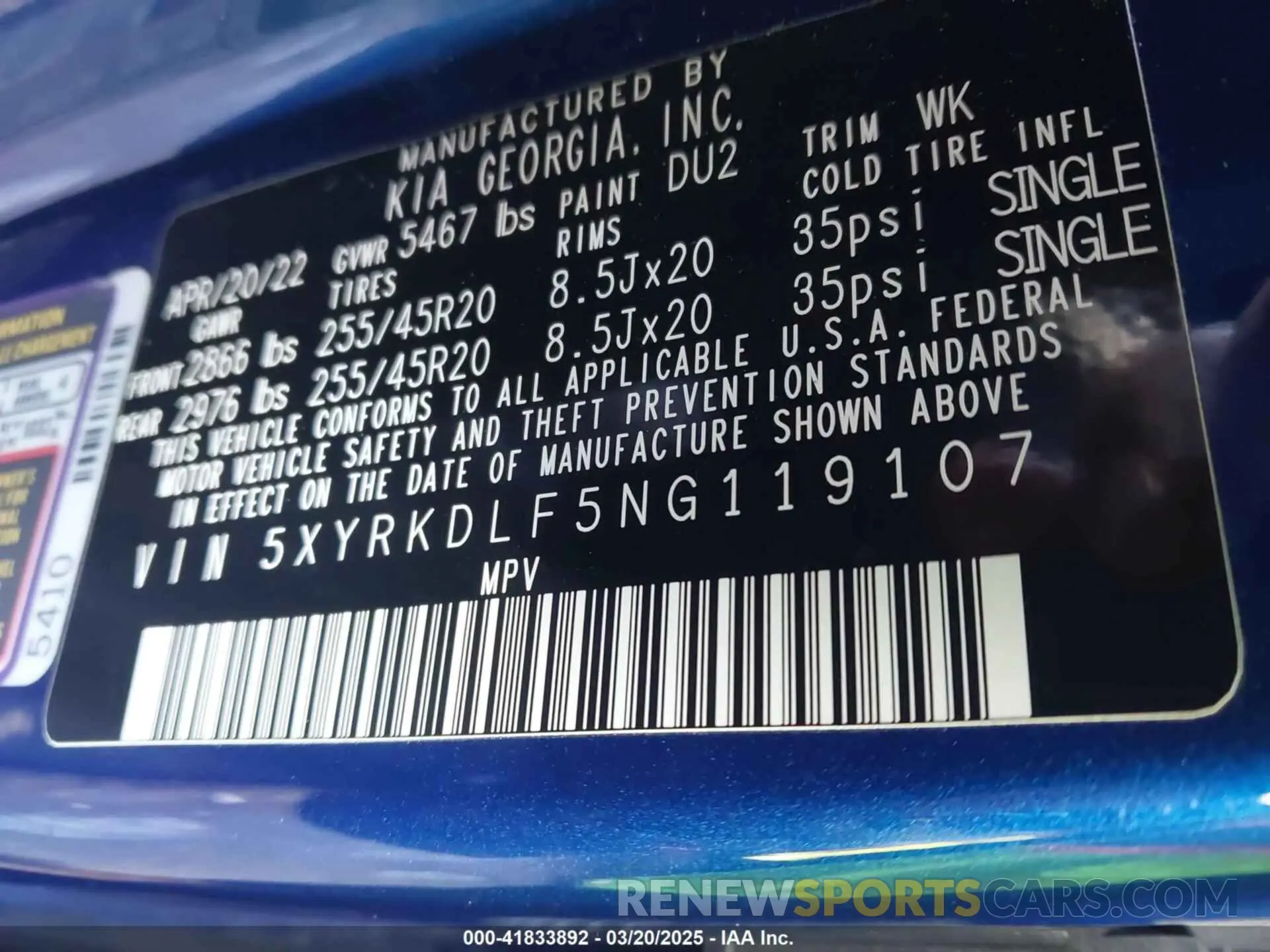 9 fotografías del automóvil dañado 5XYRKDLF5NG119107 KIA SORENTO 2022