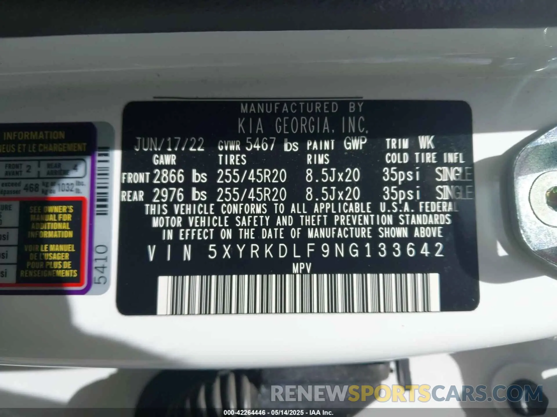 9 fotografías del automóvil dañado 5XYRKDLF9NG133642 KIA SORENTO 2022