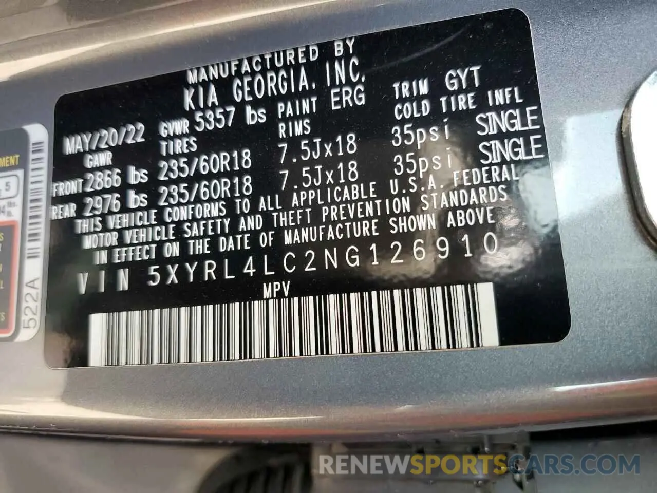 15 fotografías del automóvil dañado 5XYRL4LC2NG126910 KIA SORENTO 2022