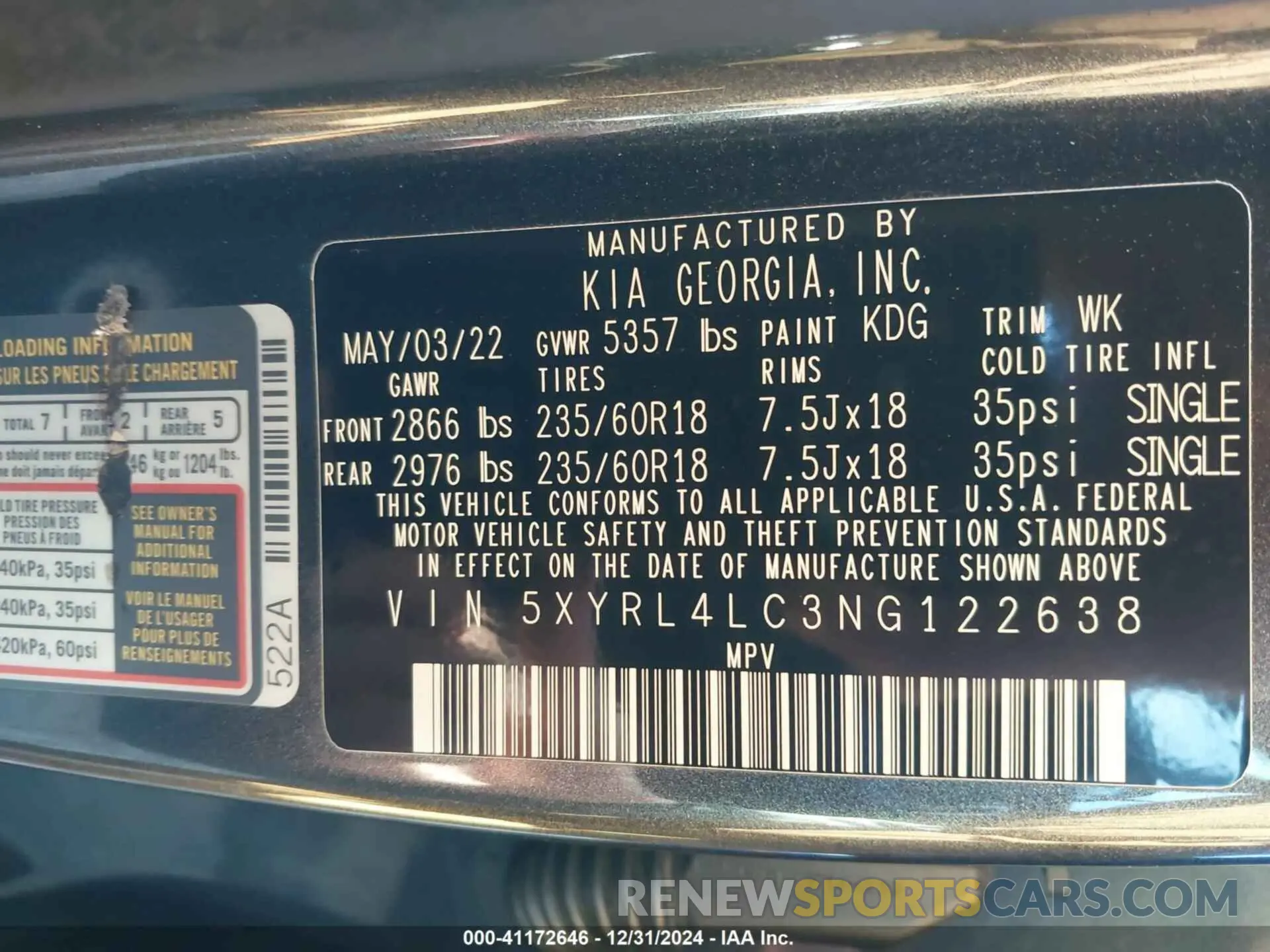 9 fotografías del automóvil dañado 5XYRL4LC3NG122638 KIA SORENTO 2022