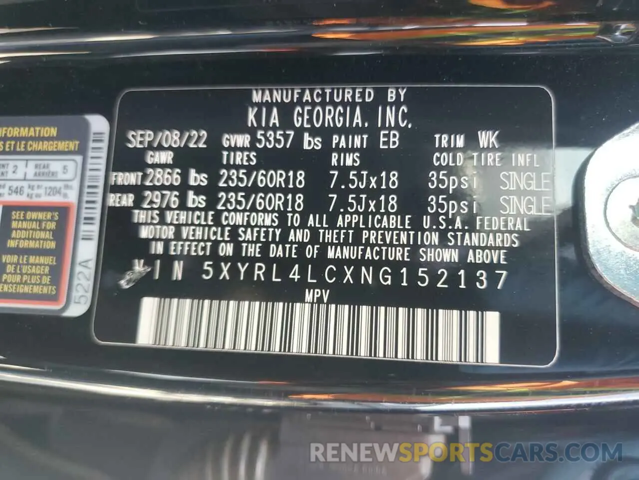 12 fotografías del automóvil dañado 5XYRL4LCXNG152137 KIA SORENTO 2022