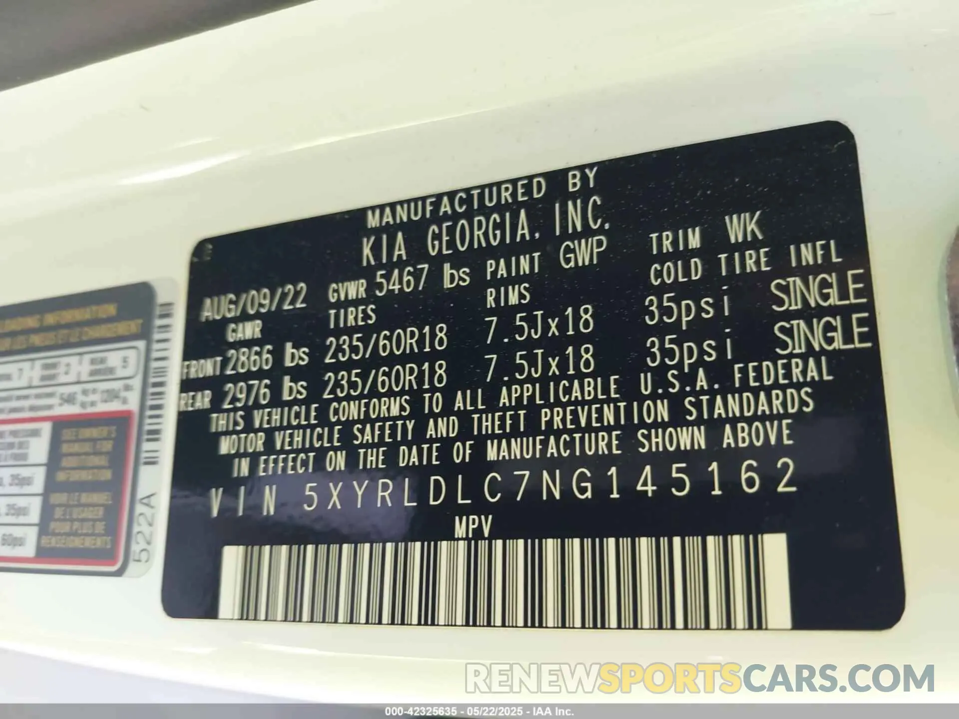 9 fotografías del automóvil dañado 5XYRLDLC7NG145162 KIA SORENTO 2022