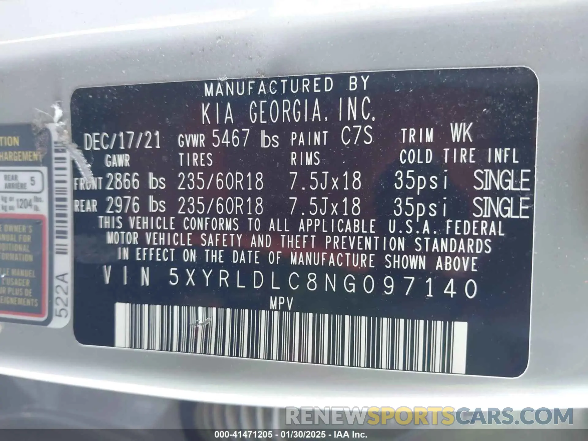 9 fotografías del automóvil dañado 5XYRLDLC8NG097140 KIA SORENTO 2022