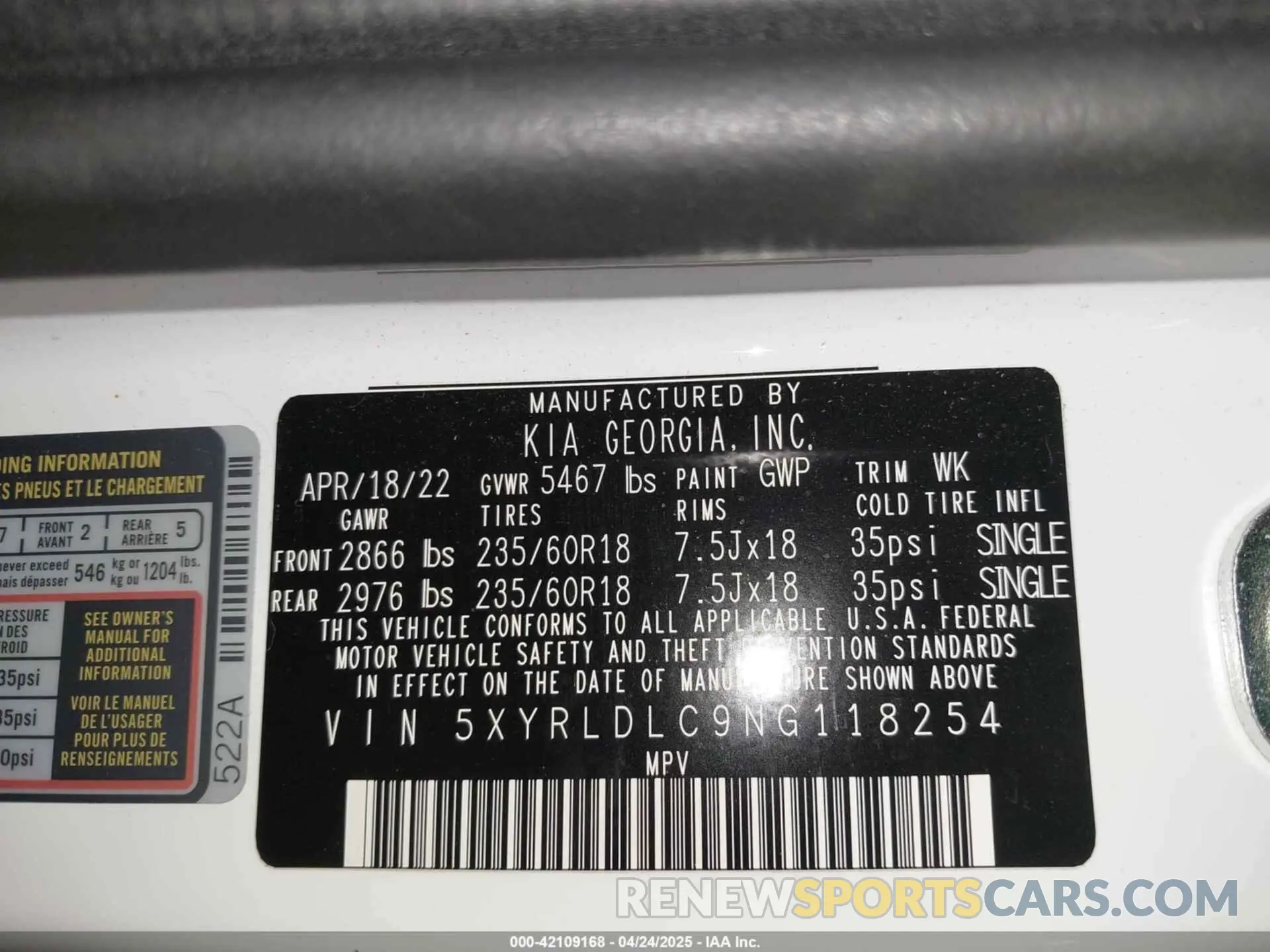 9 fotografías del automóvil dañado 5XYRLDLC9NG118254 KIA SORENTO 2022