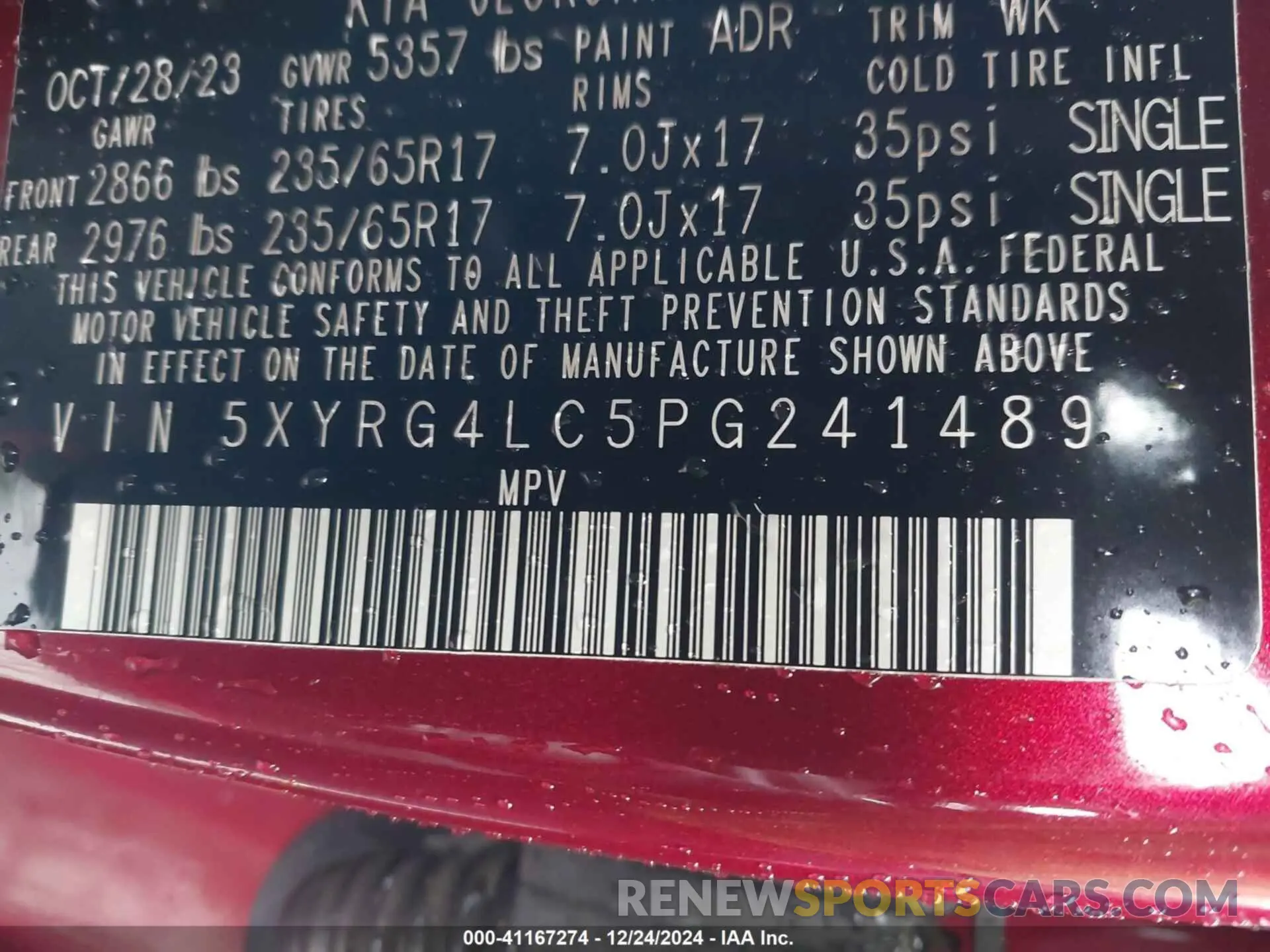 9 fotografías del automóvil dañado 5XYRG4LC5PG241489 KIA SORENTO 2023