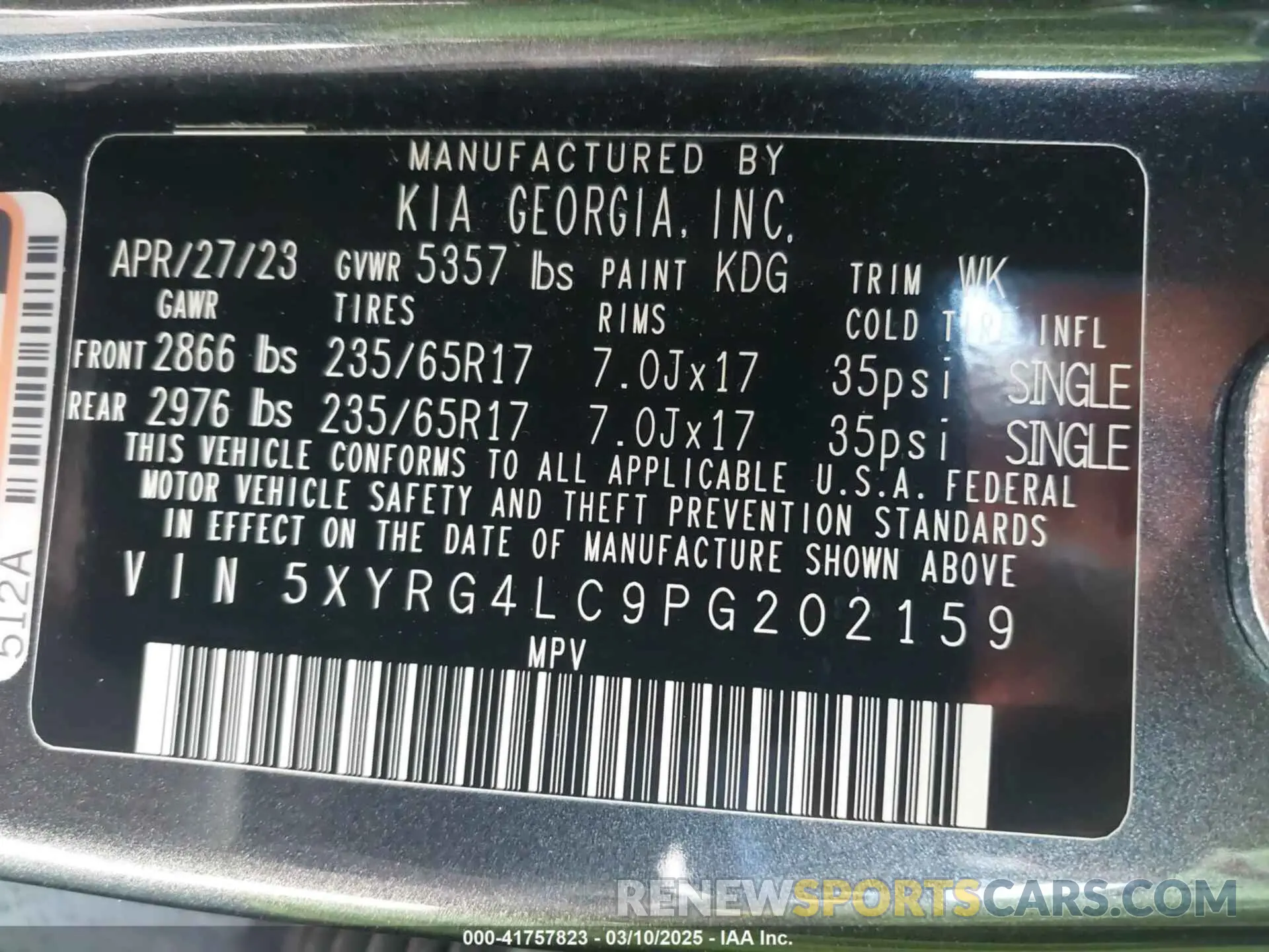 9 fotografías del automóvil dañado 5XYRG4LC9PG202159 KIA SORENTO 2023