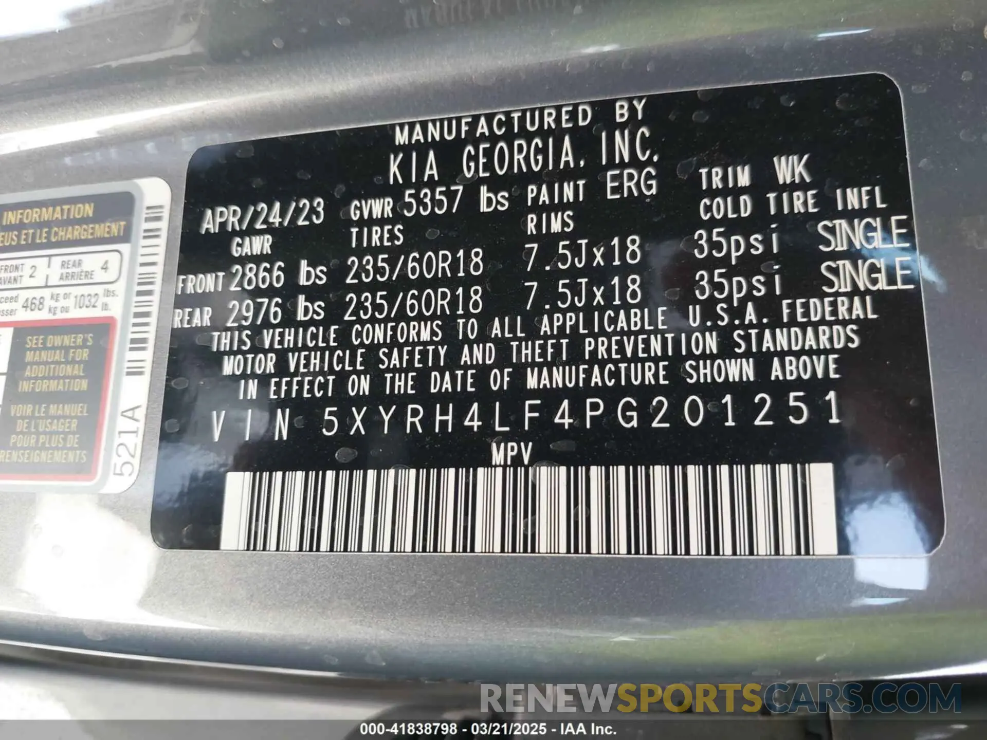 9 fotografías del automóvil dañado 5XYRH4LF4PG201251 KIA SORENTO 2023